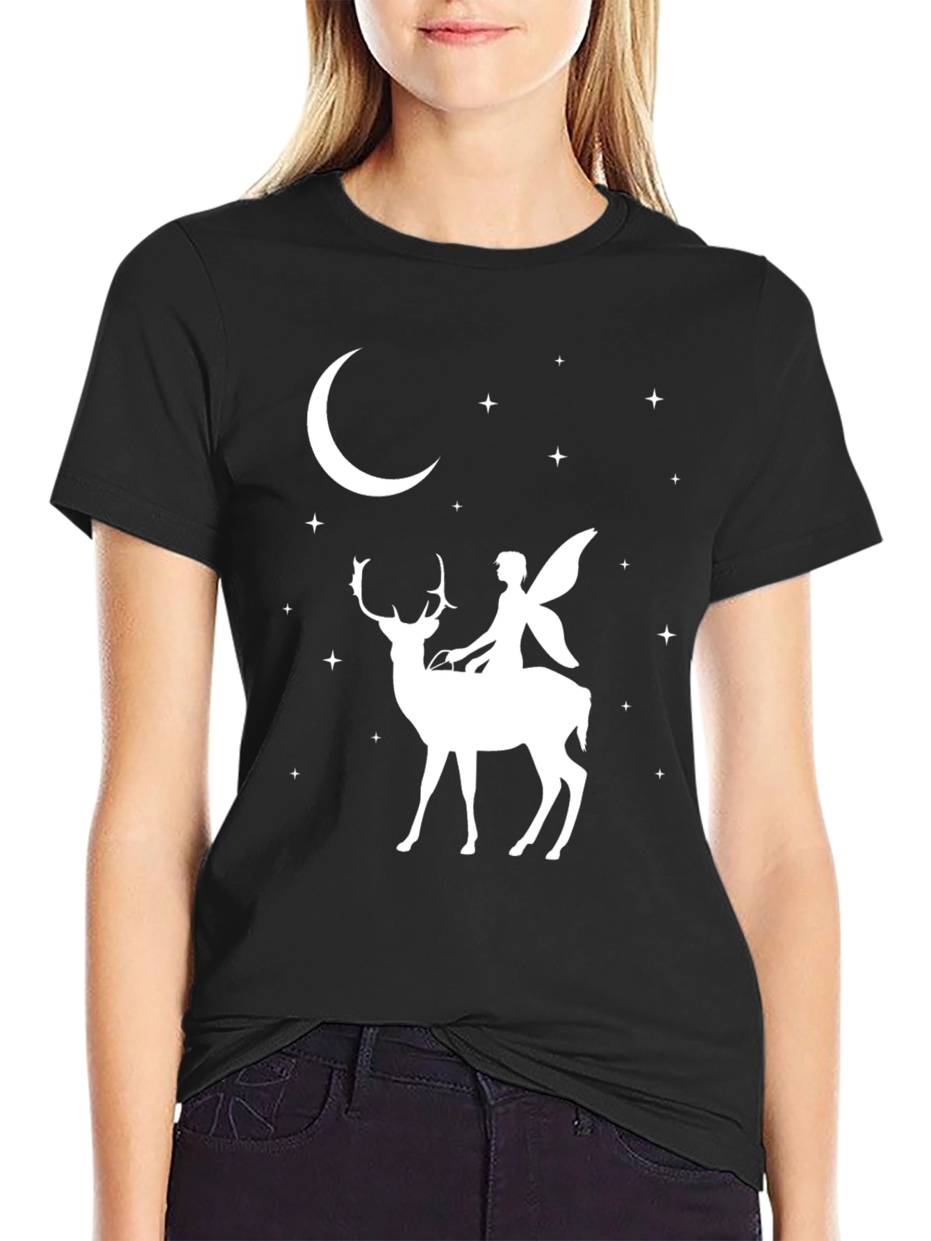 Black Fairy Riding Deer Black T-Shirt view 2