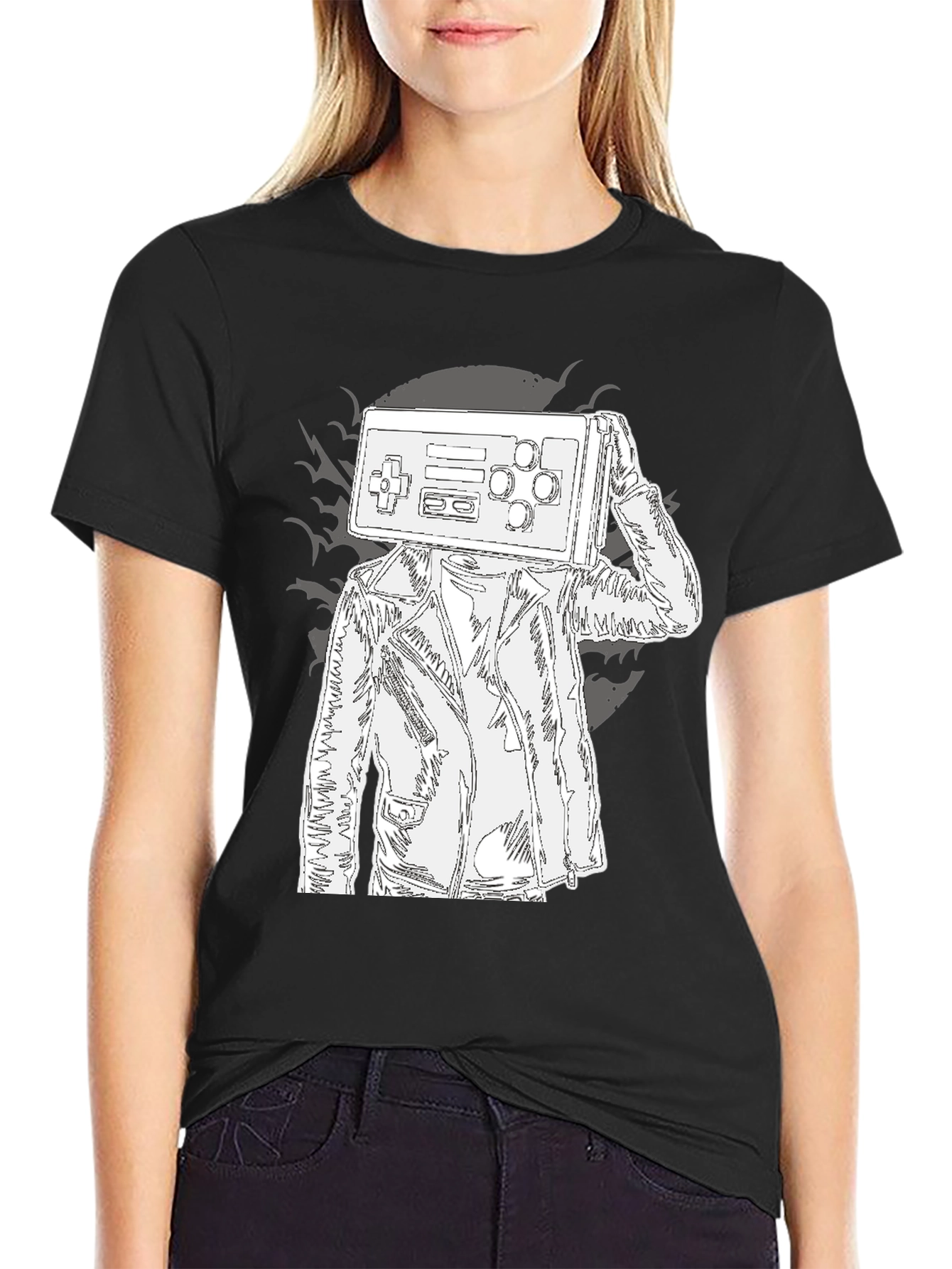 Black Retro Game Controller Head Graphic Tee view 2