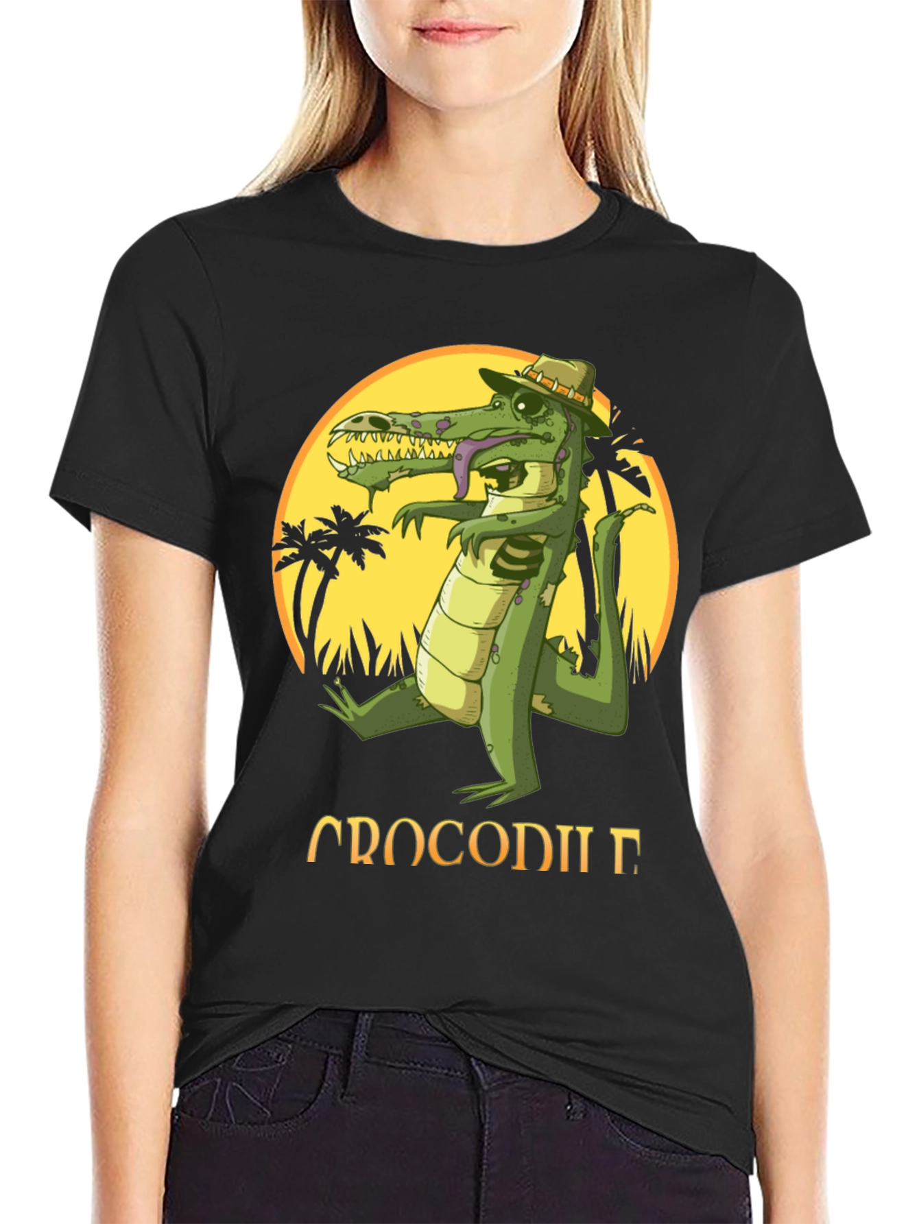 Black Cool Crocodile Cartoon Graphic T-Shirt view 2