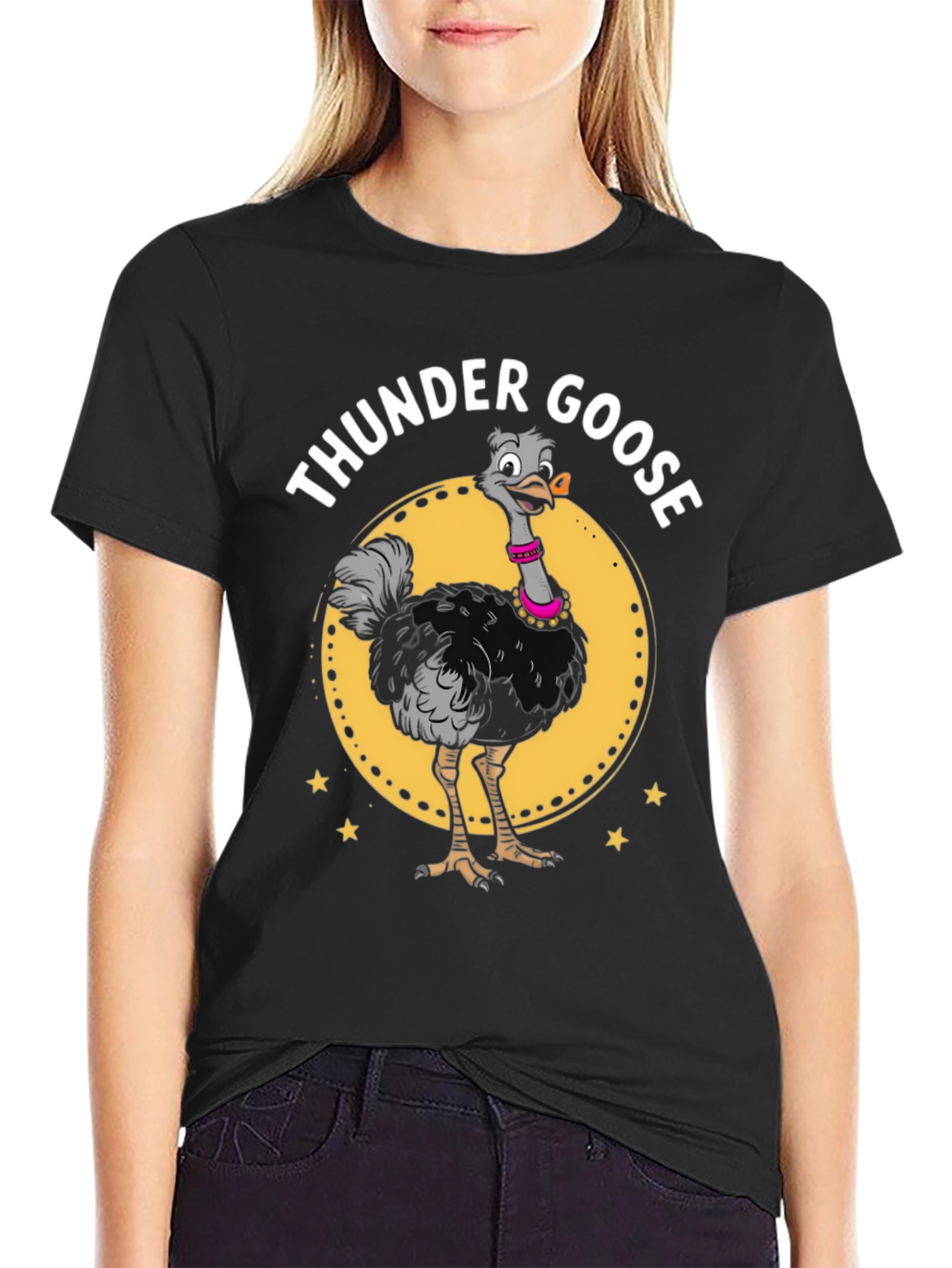 Black Thunder Goose Graphic Tee - Novelty Cartoon Ostrich T-Shirt view 2