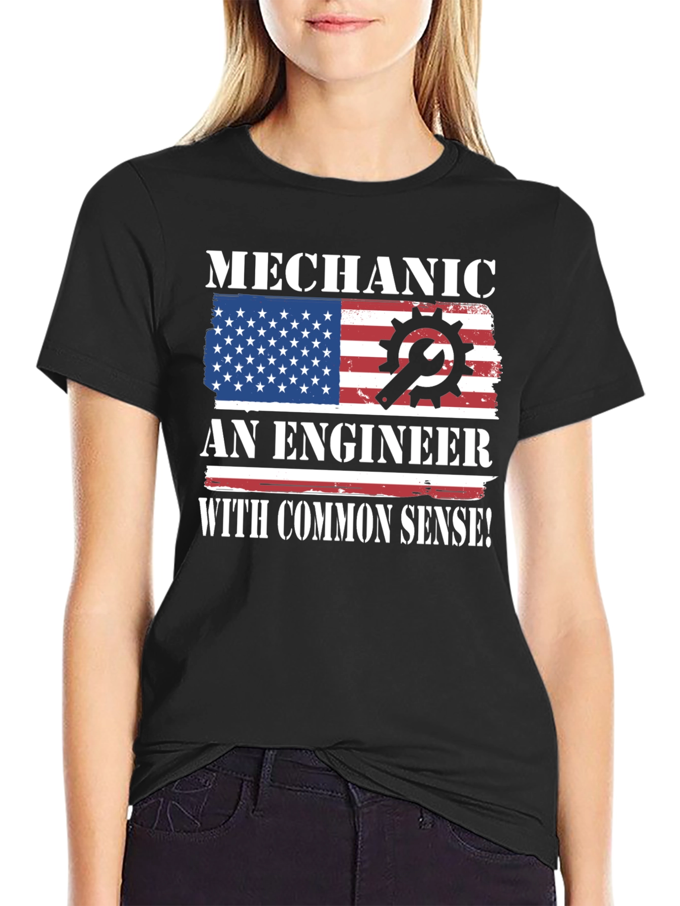Black Mechanic Engineer Common Sense USA Flag Patriotic T-Shirt view 2