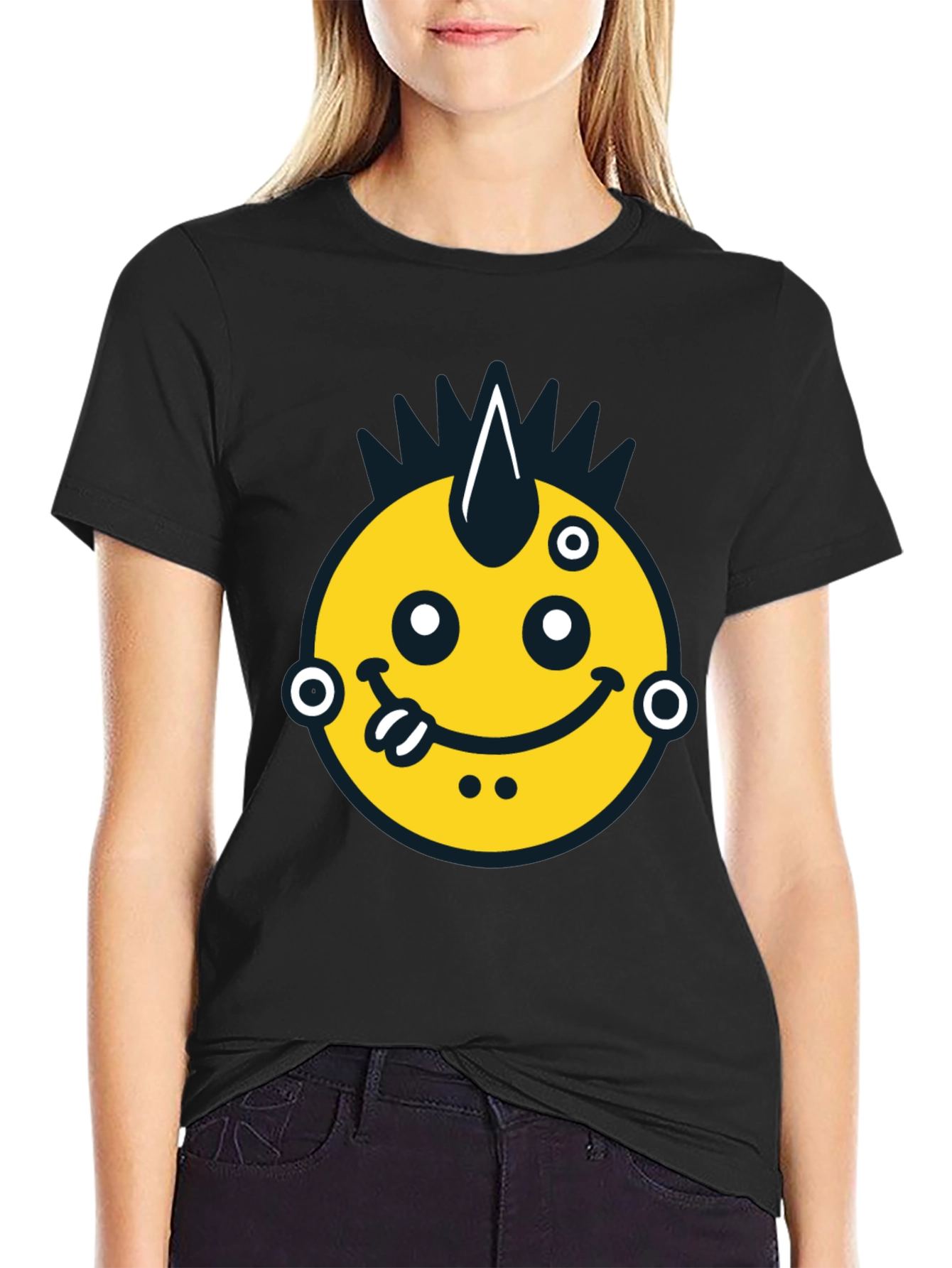 Black Funky Emoji Graphic Tee - Black Cotton T-Shirt view 2