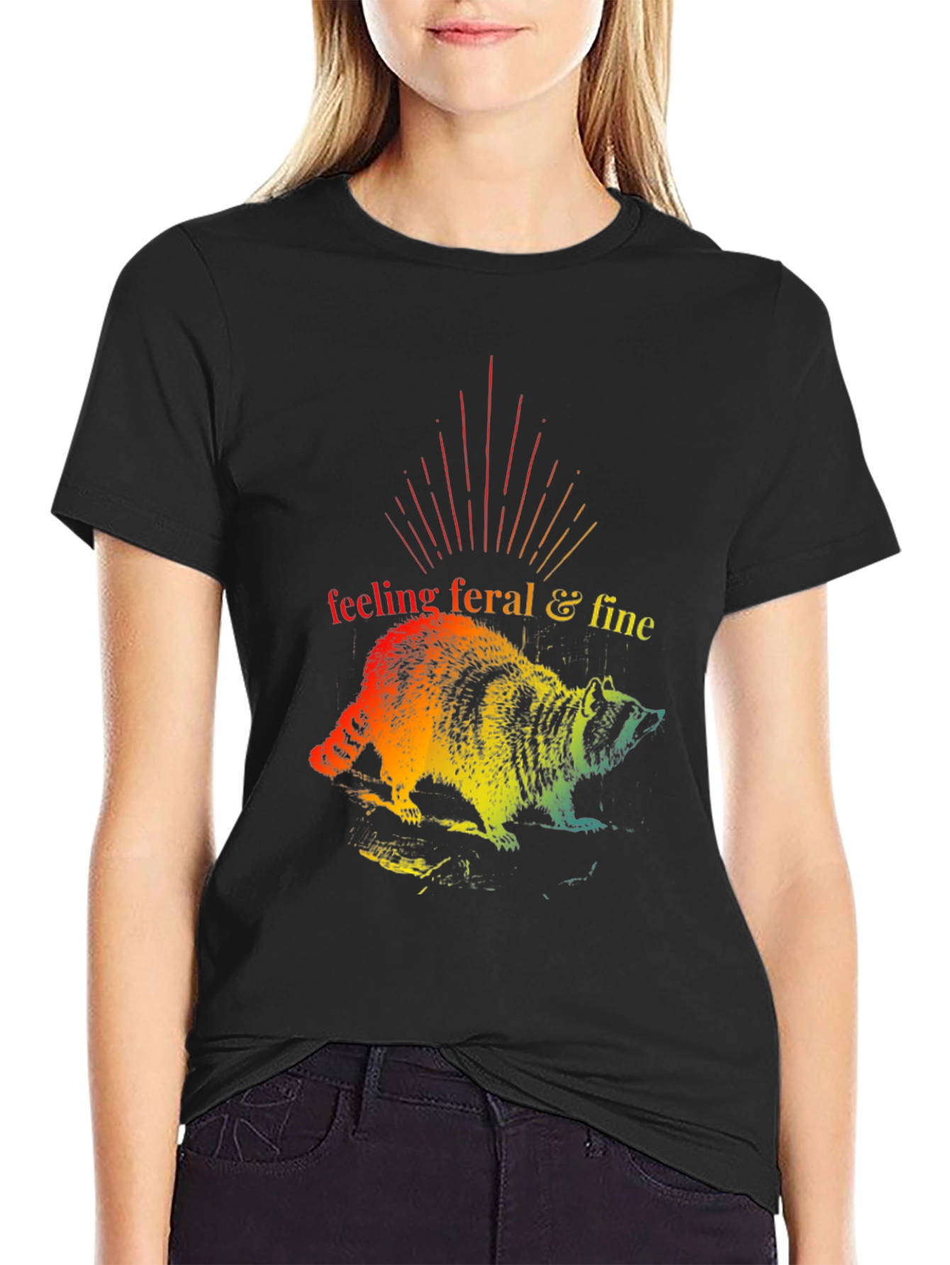 Black Feeling Feral & Fine Rainbow Raccoon T-Shirt view 2