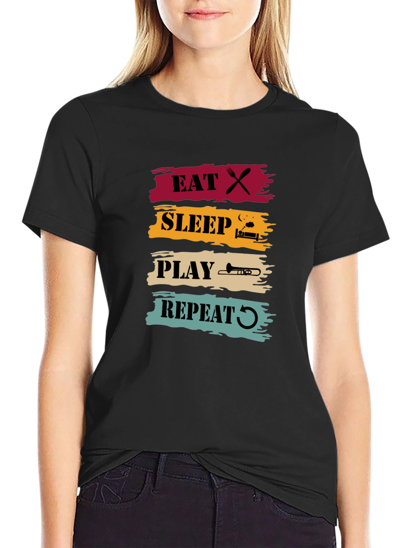 Black Eat Sleep Play Trombone Repeat Graphic Tee view 2