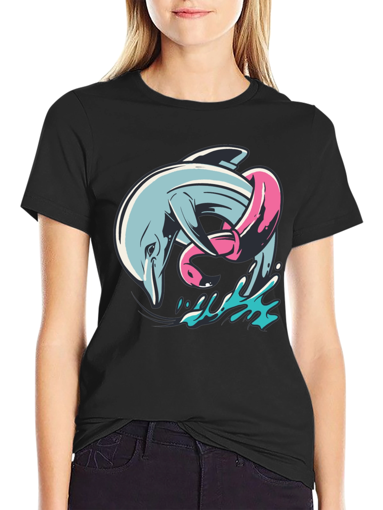 Black Dolphin & Flamingo T-Shirt - Unique Graphic Tee view 2