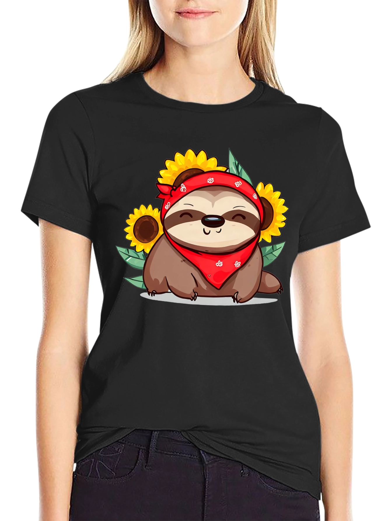 Black Sloth Sunflower Graphic Tee - Cute Animal Print view 2