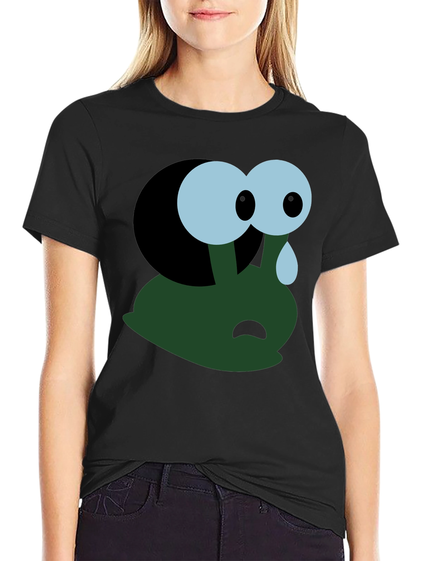 Black Sad Cartoon Character T-Shirt - Black view 2