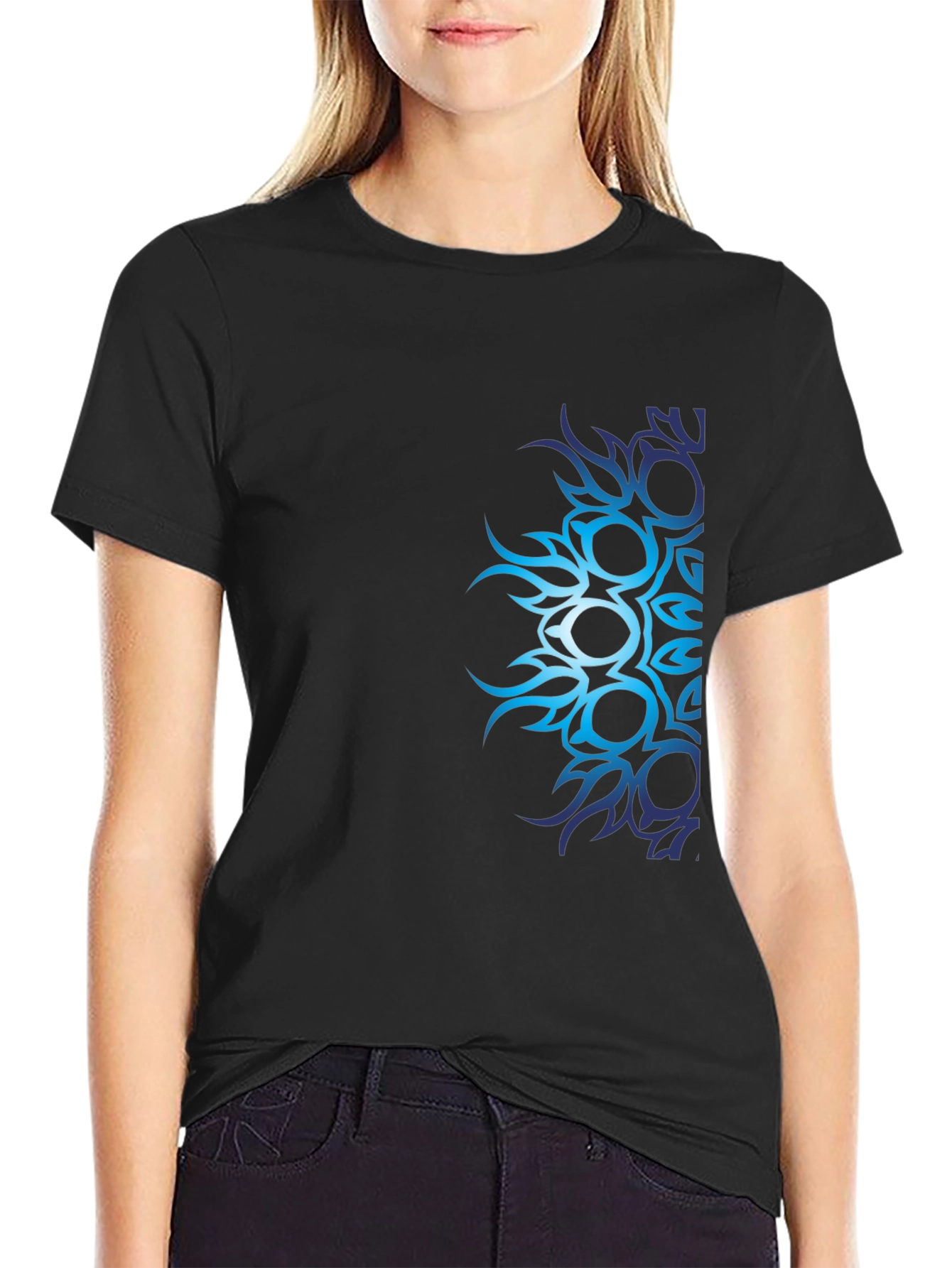 Black Men's Black T-Shirt with Blue Tribal Design view 2