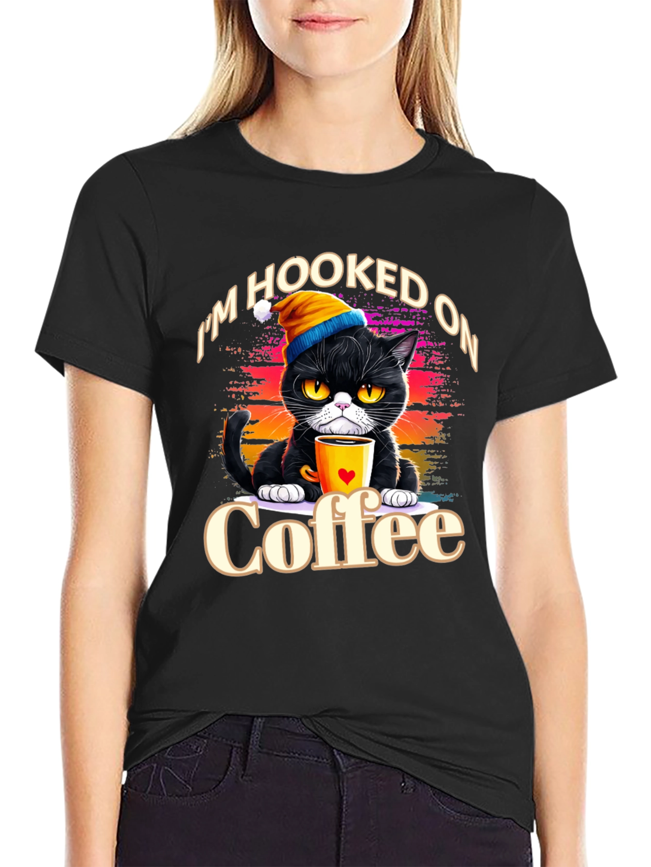 Black Hooked On Coffee Cat T-Shirt view 2