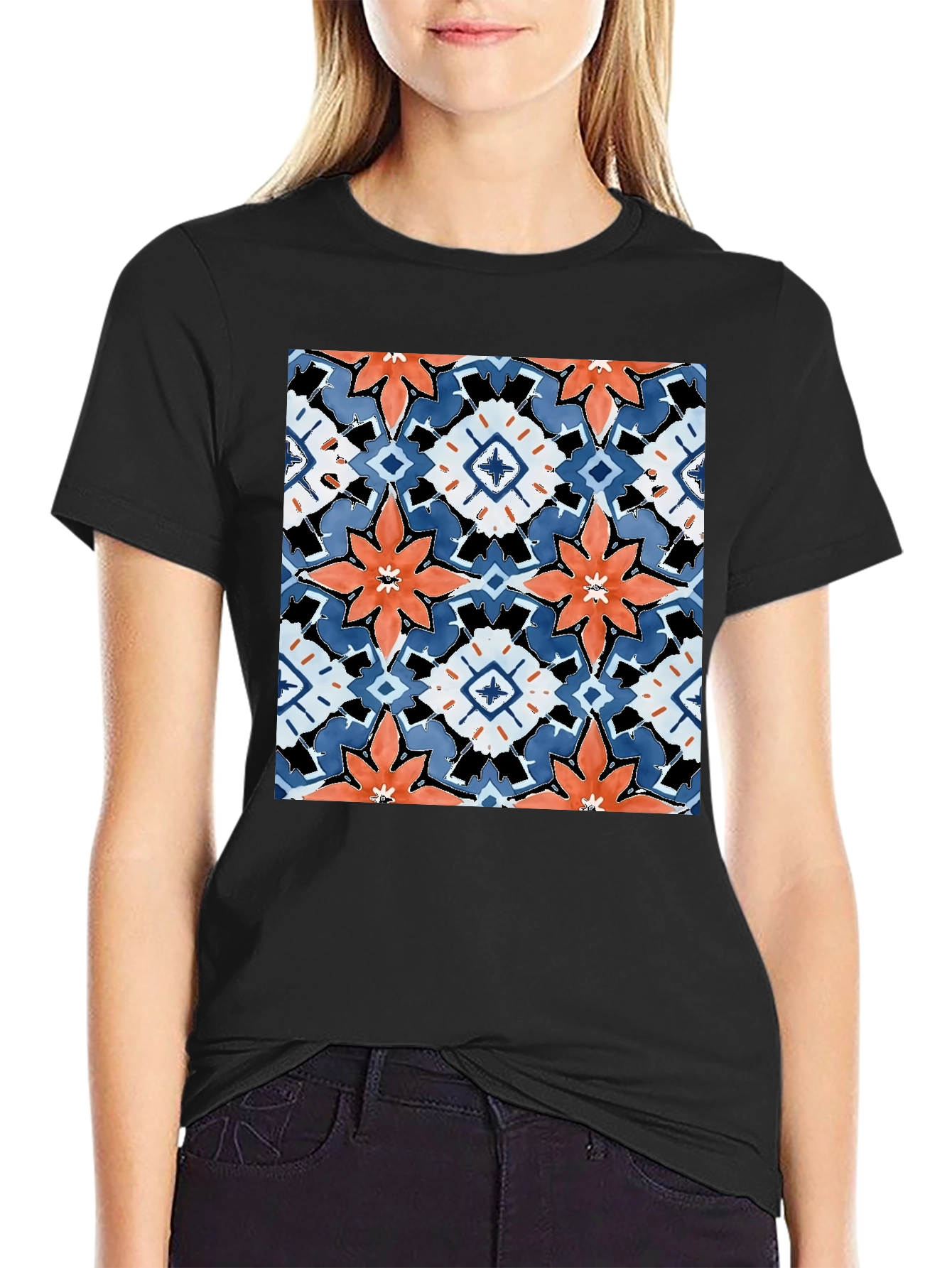 Black Black T-Shirt with Bold Floral Tile Design view 2