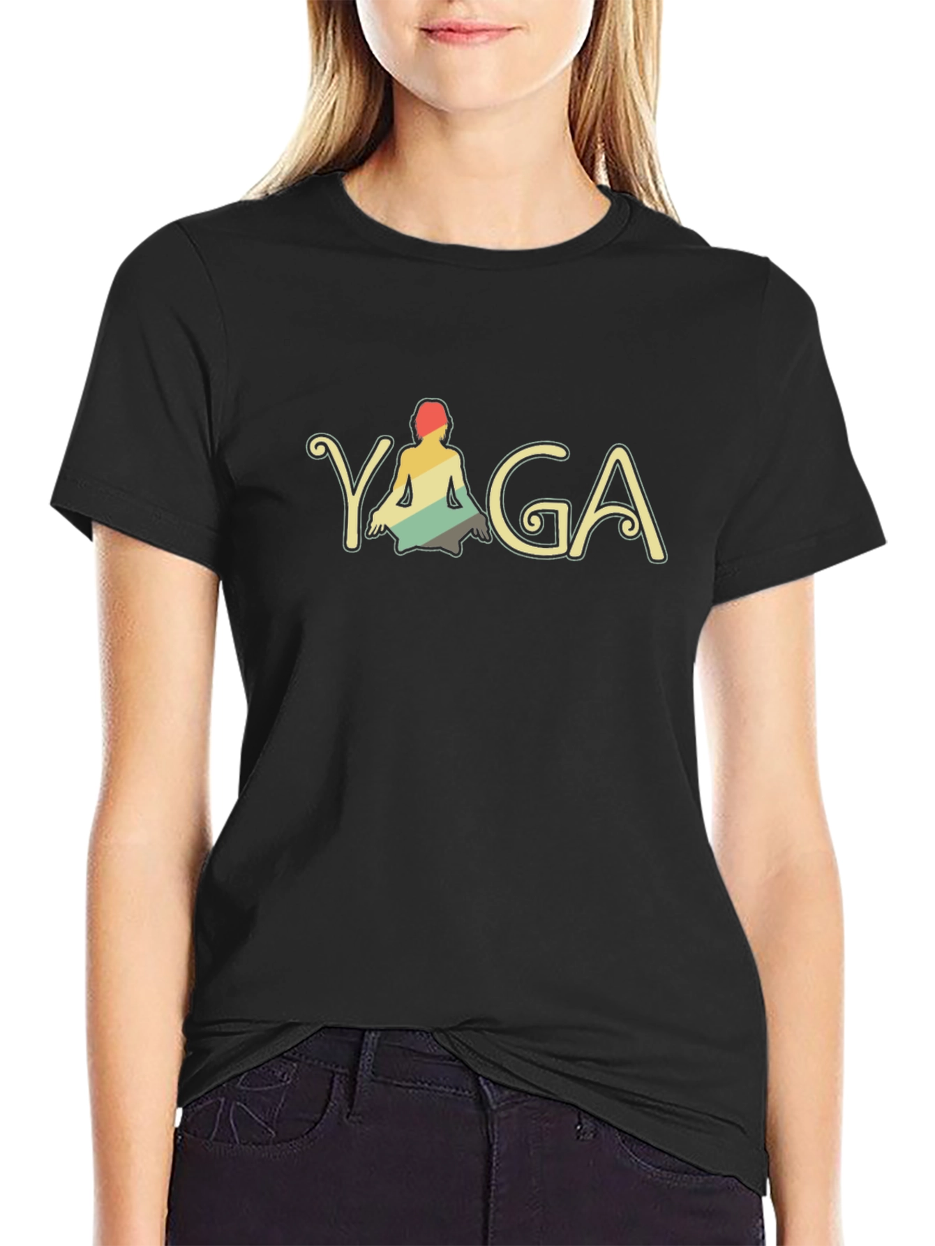 Black Yoga Pose Retro Graphic Tee - Black T-Shirt view 2