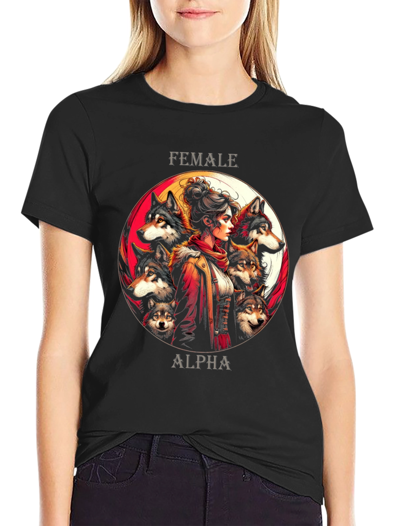 Black Female Alpha Wolf Pack T-Shirt - Graphic Tee view 2