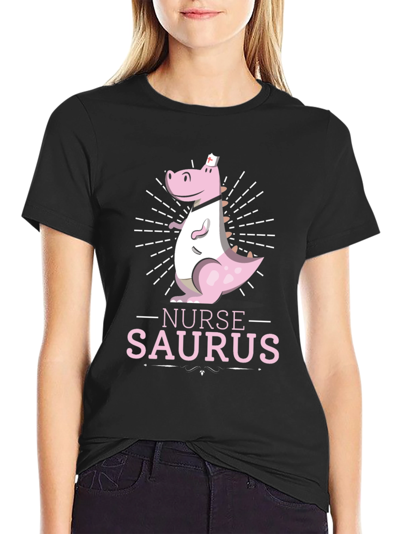 Black Nurse-Saurus T-Shirt - Dinosaur Nurse Apparel view 2