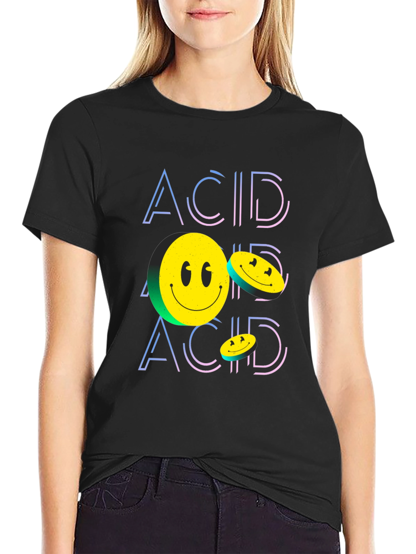 Black Acid Smiley Face Black Graphic Tee view 2