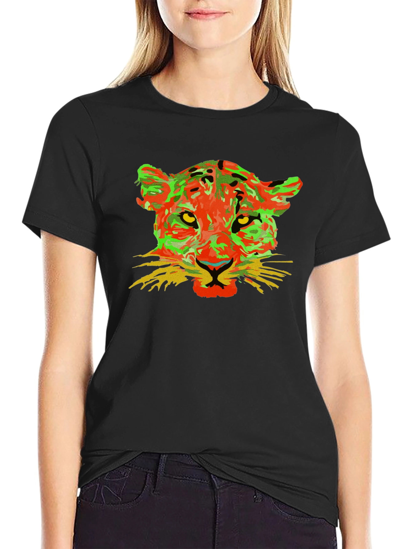 Black Colorful Leopard Graphic Black T-Shirt view 2