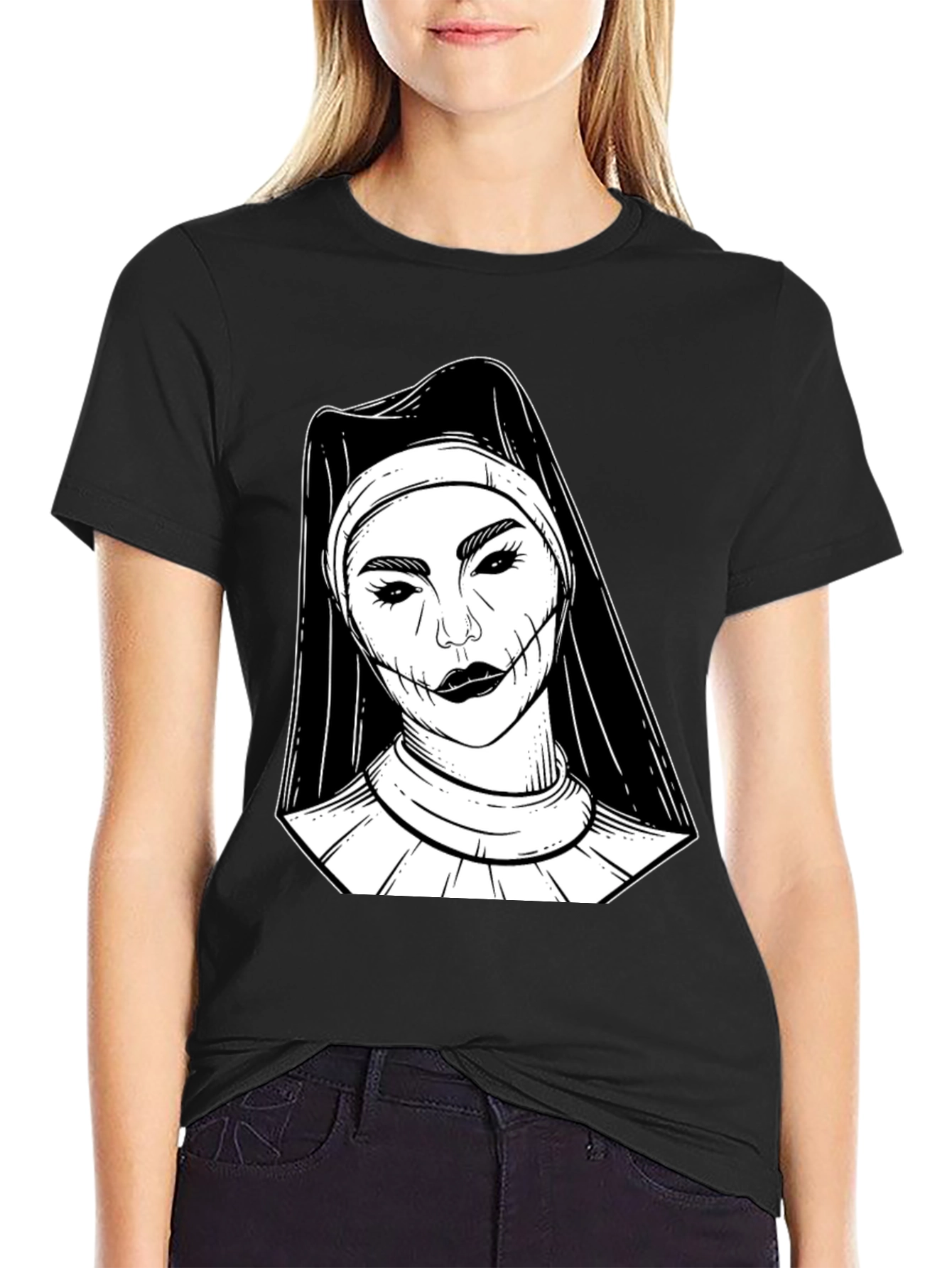 Black Creepy Nun Graphic Tee - Black Cotton Blend Shirt view 2