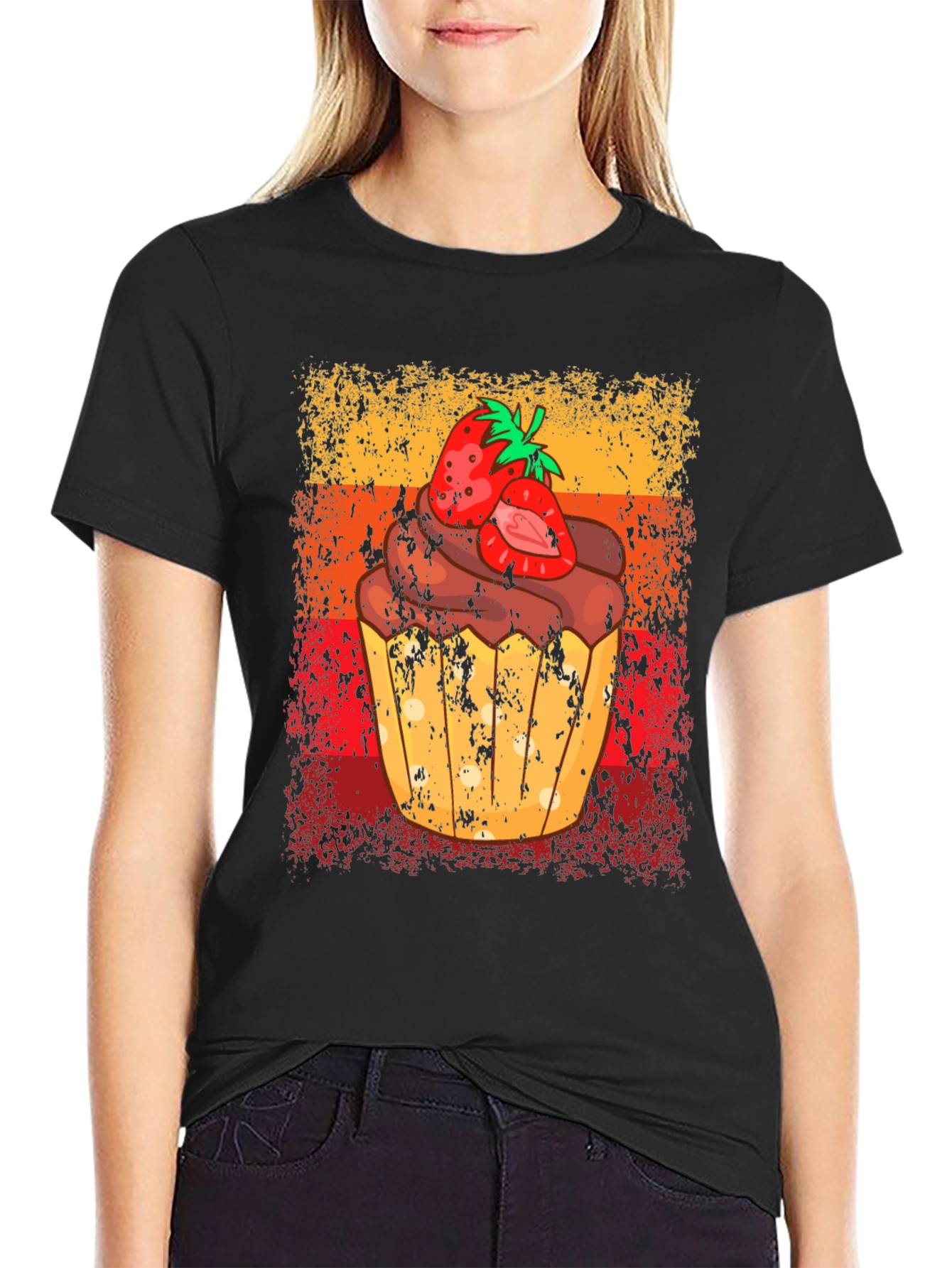 Black Strawberry Cupcake Graphic Tee - Sweet Treat Shirt view 2