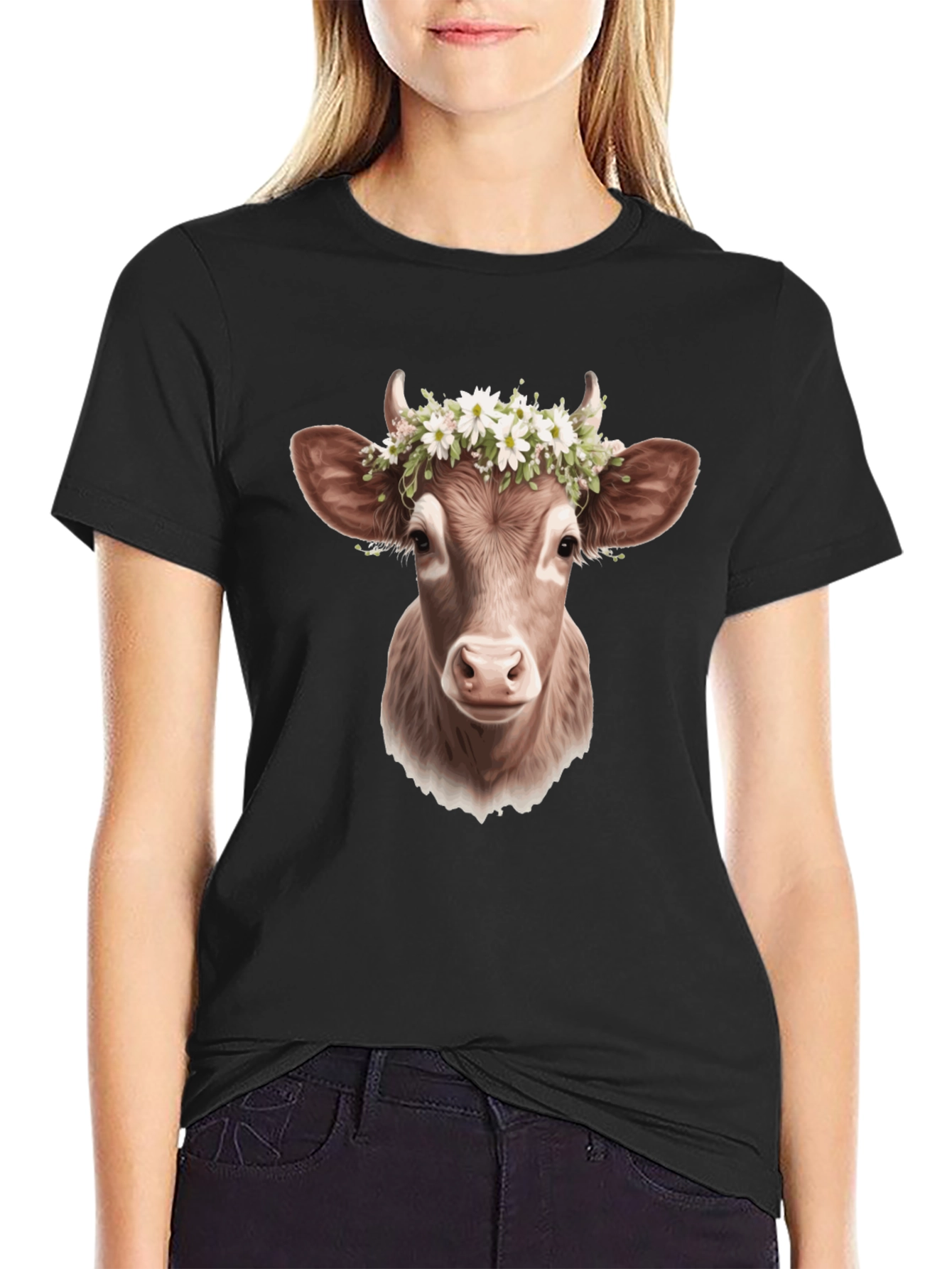 Black Cow with Flower Crown T-Shirt view 2