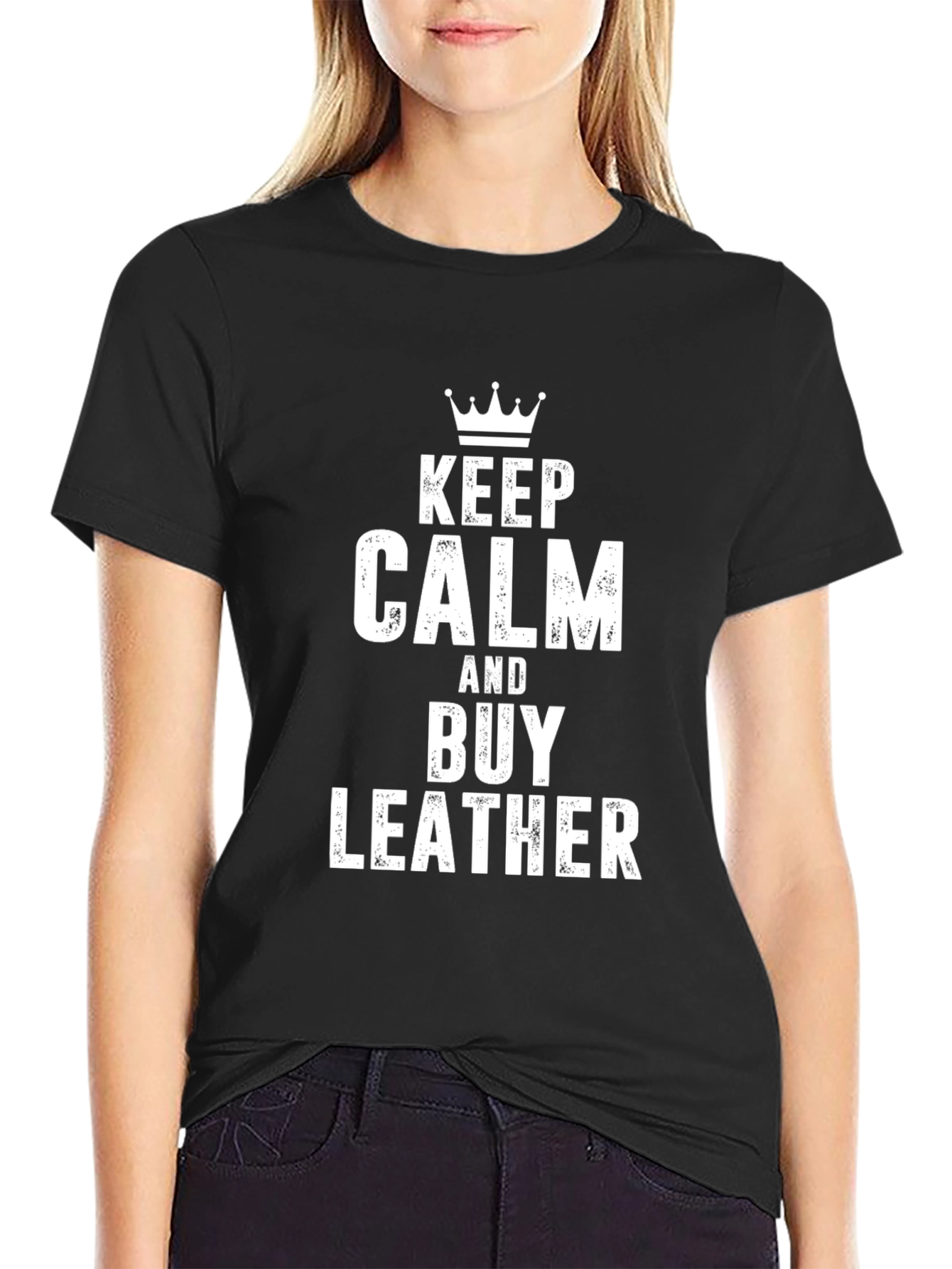 Black Keep Calm and Buy Leather T-Shirt view 2