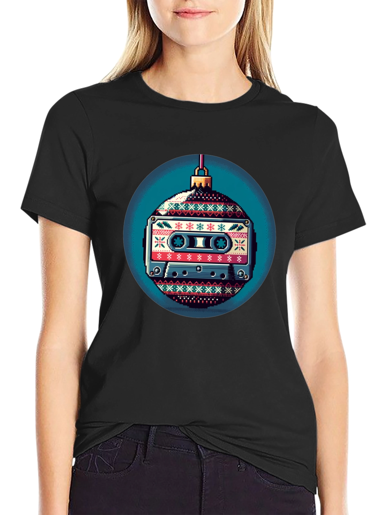 Black Retro Cassette Ornament Graphic T-Shirt view 2
