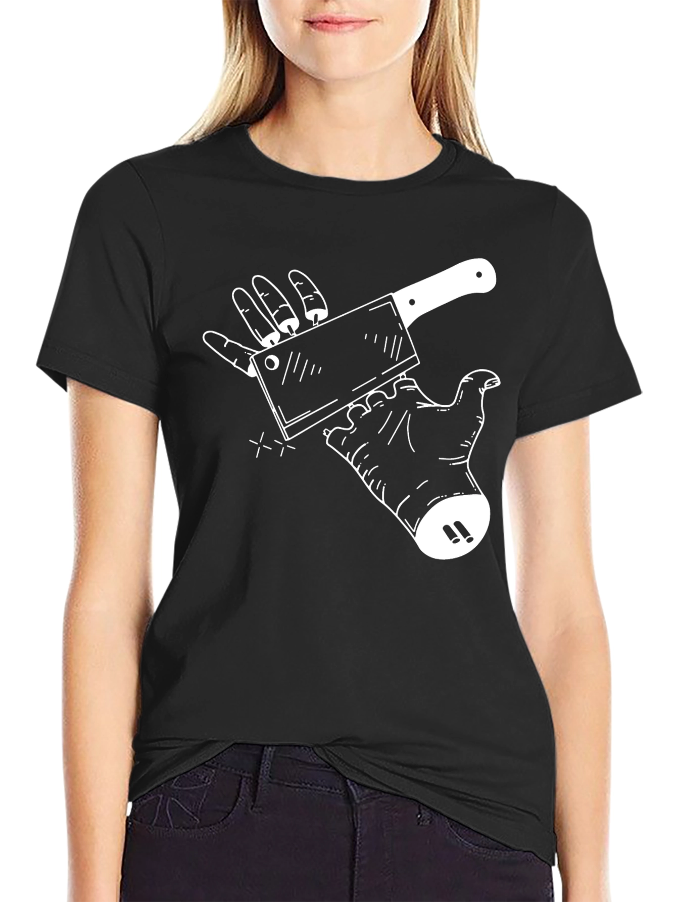 Black Butcher Humor T-Shirt: Cleaver and Hand Graphic Tee view 2
