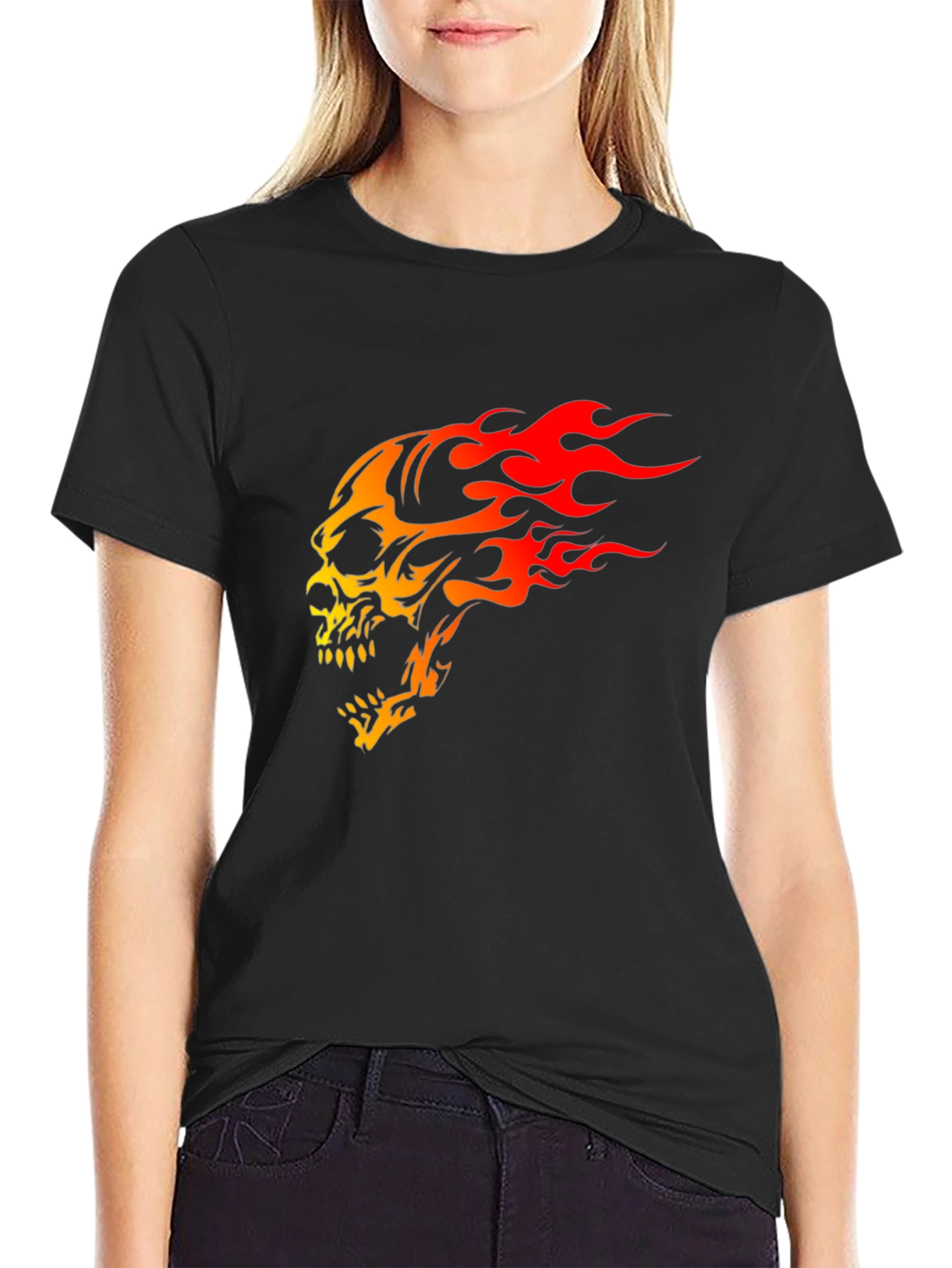 Black Flaming Skull Graphic Print Black T-Shirt view 2