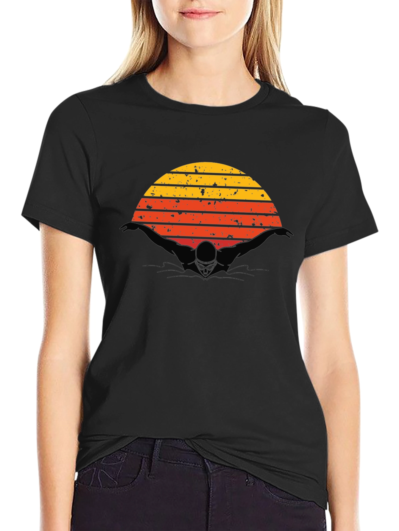 Black Vintage Sunset Swimmer Black T-Shirt view 2