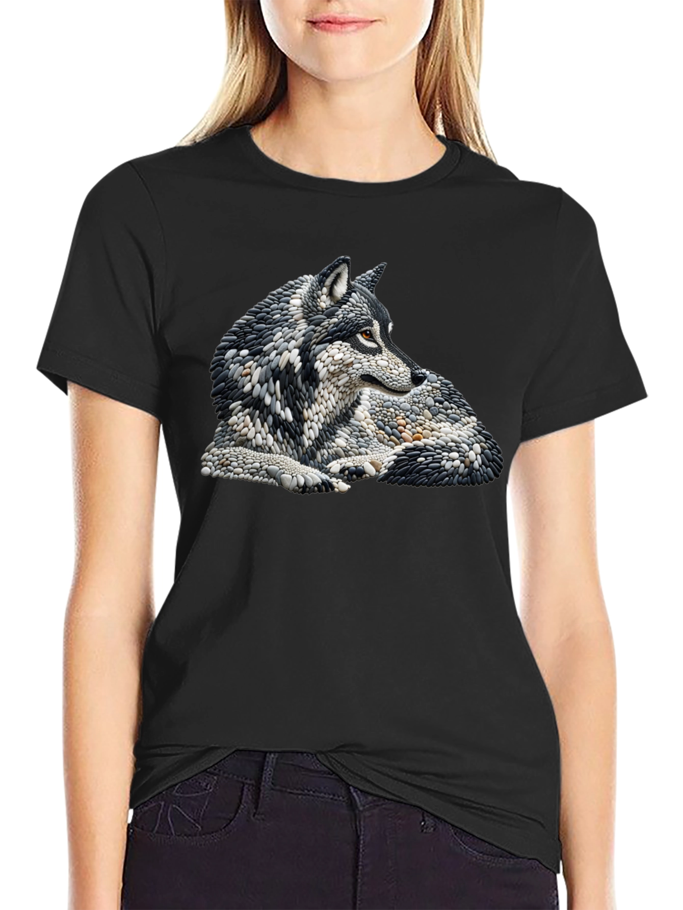 Black Wolf Art Graphic Print Black T-Shirt view 2