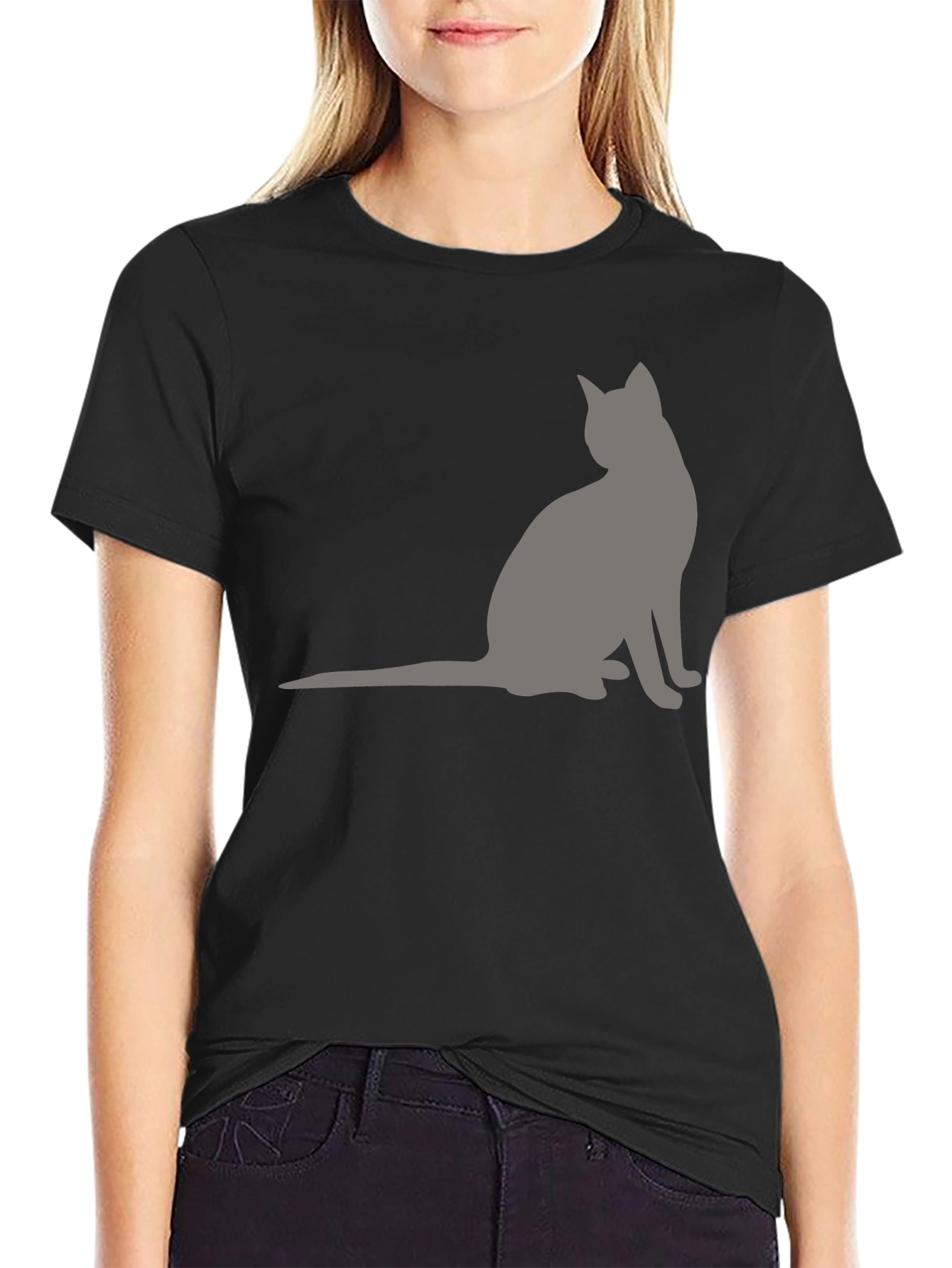 Black Men's Black T-Shirt with Grey Cat Silhouette view 2