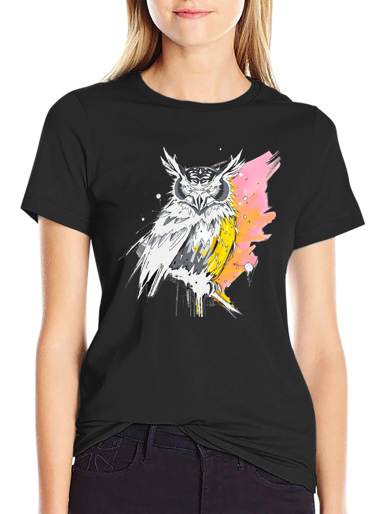 Black Owl Graphic Print Black T-Shirt for Men view 2