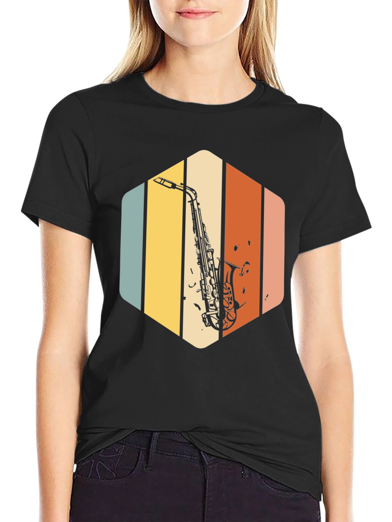 Black Retro Saxophone T-Shirt - Vintage Style Music Tee view 2