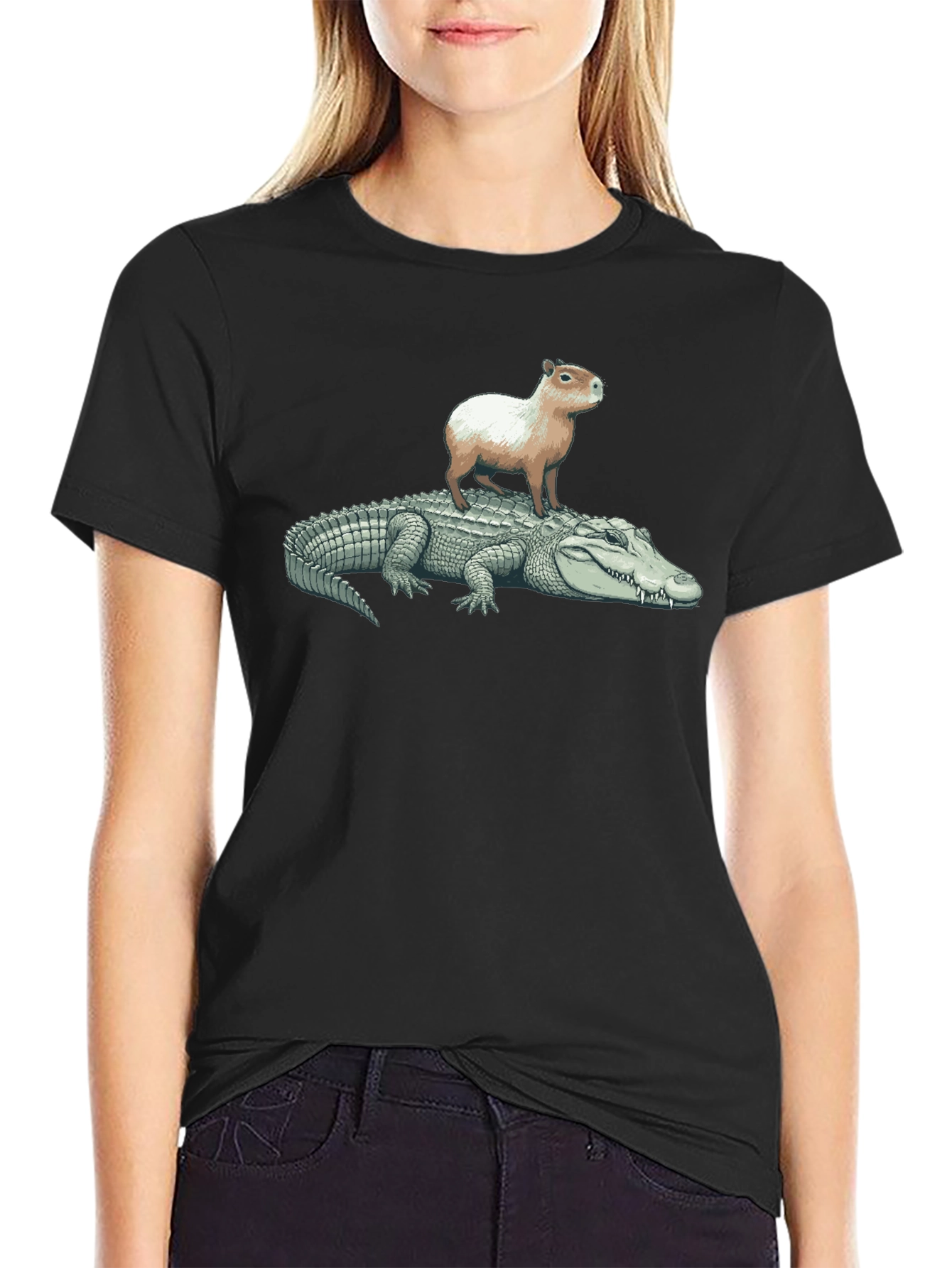 Black Capybara Riding Alligator T-Shirt view 2