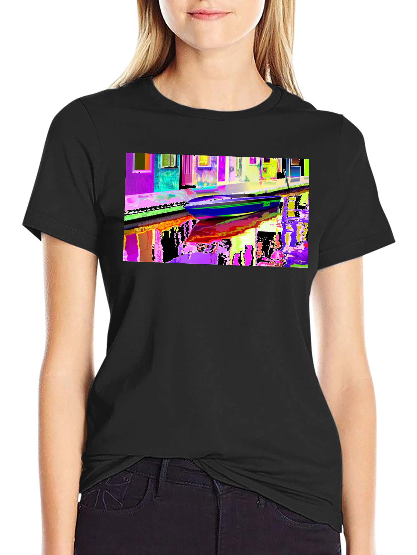 Black Colorful Venice Scene Graphic Black T-Shirt view 2