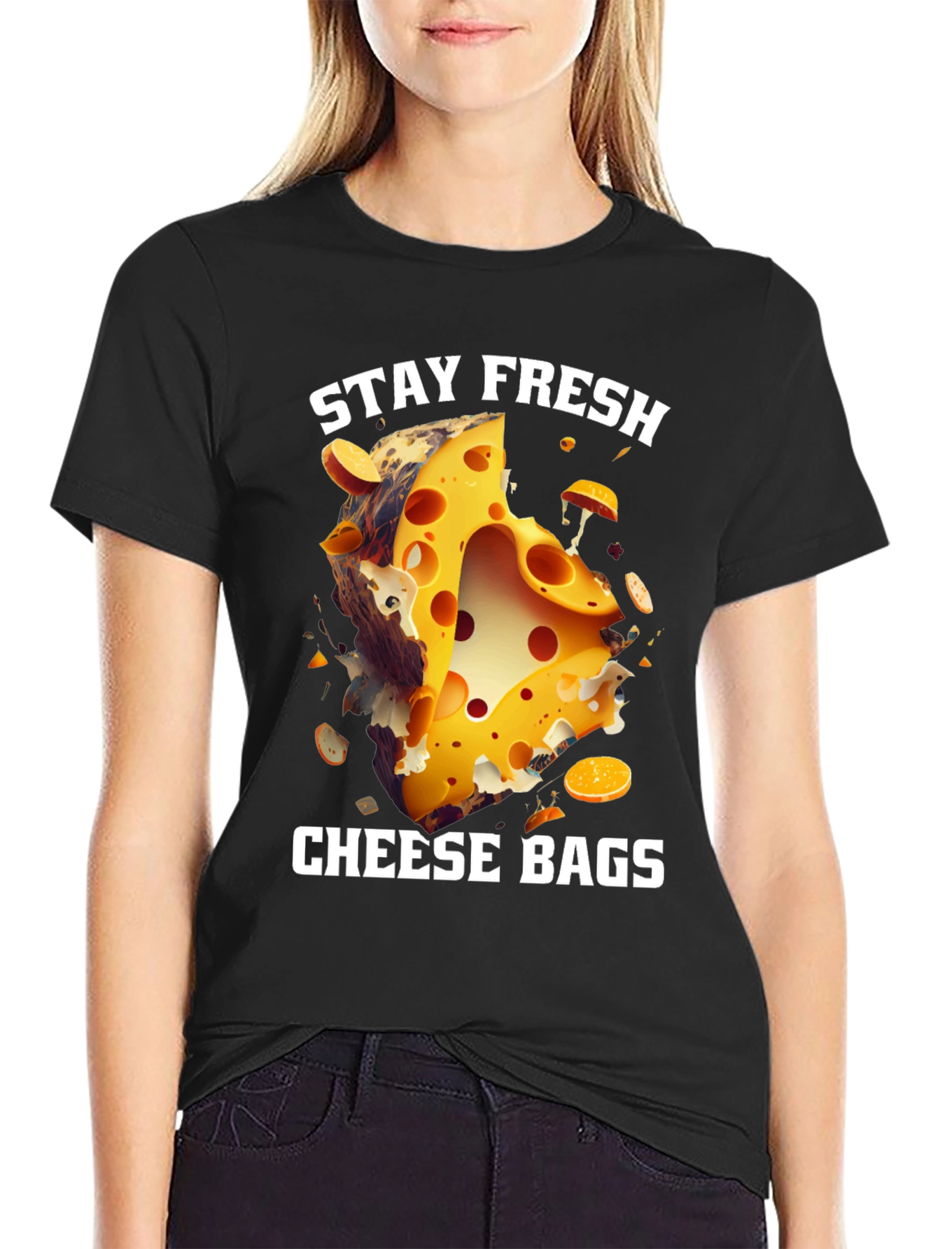 Black Stay Fresh Cheese Bags T-Shirt view 2
