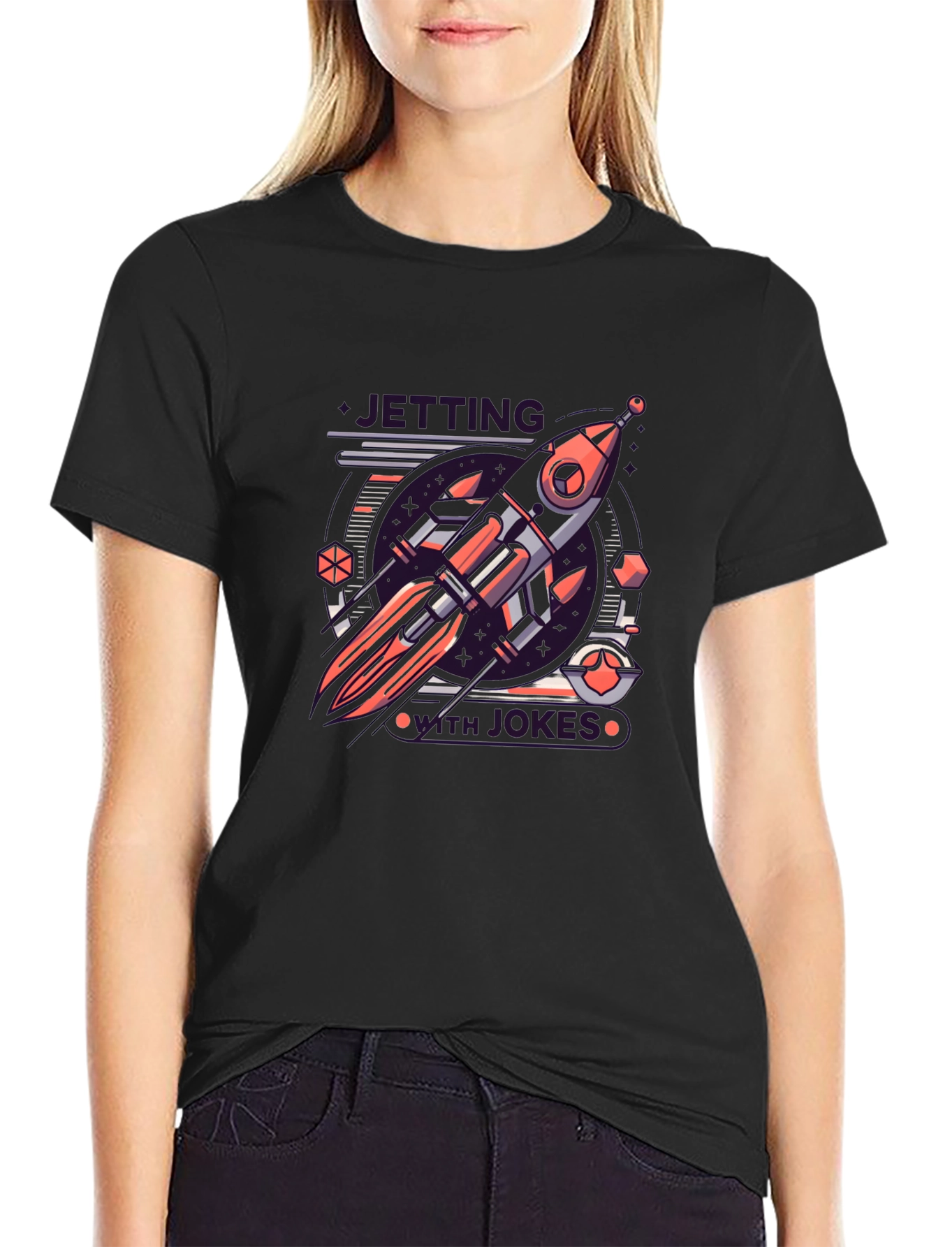 Black Retro Rocket Graphic Tee - Black Cotton Blend T-Shirt view 2