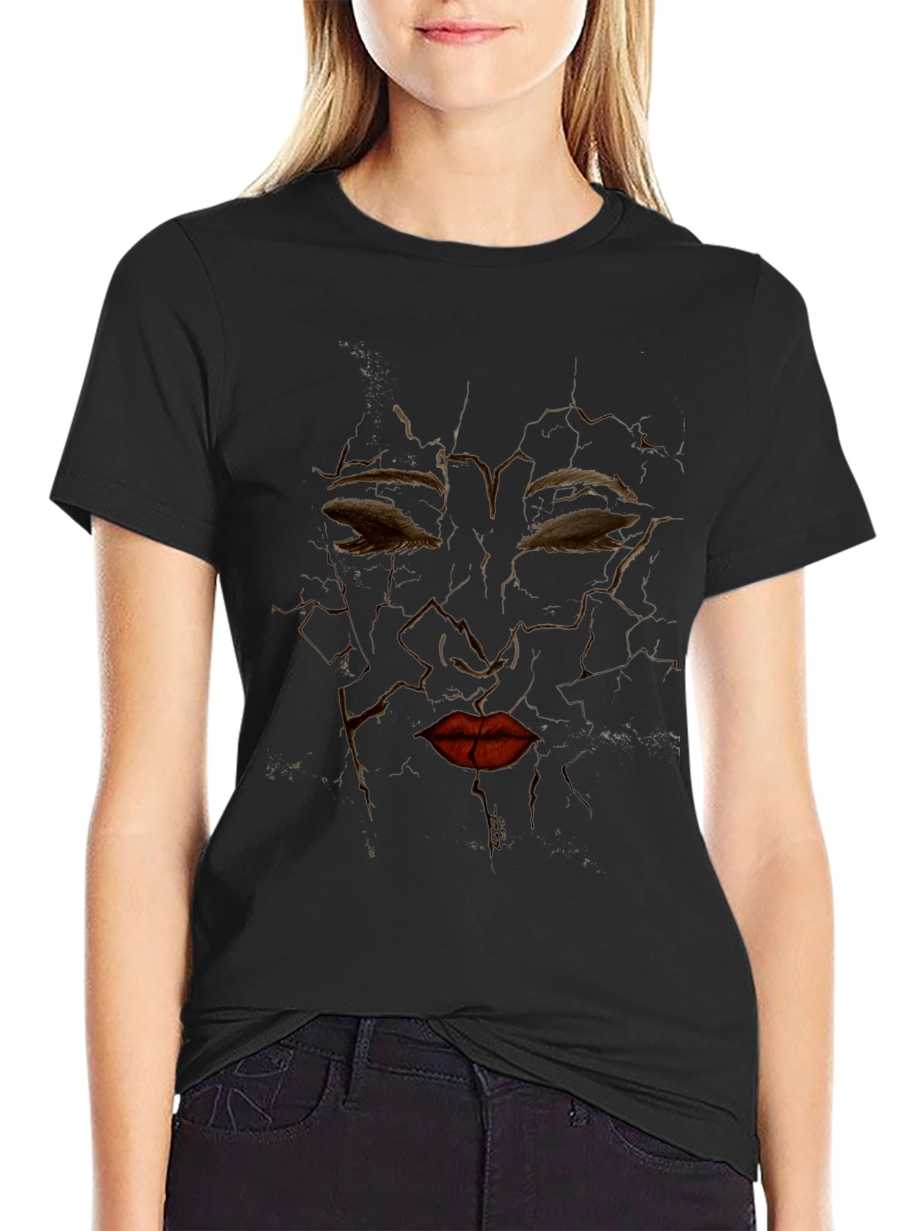 Black Abstract Cracked Face Graphic Tee - Unique Design view 2