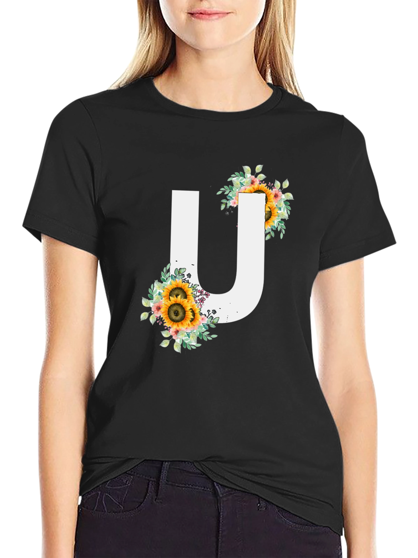Black Sunflower Letter U Graphic Tee view 2