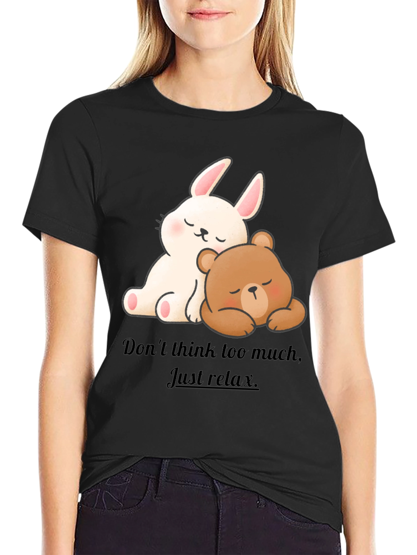 Black Cute Cartoon Bunny & Bear Relax T-Shirt view 2