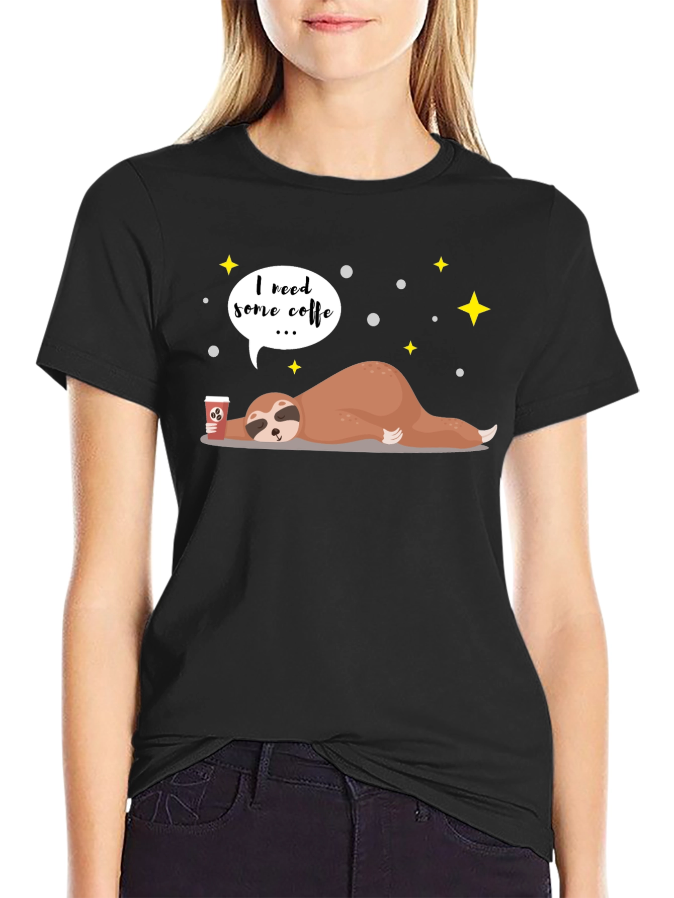 Black I Need Coffee Sloth Graphic T-Shirt view 2