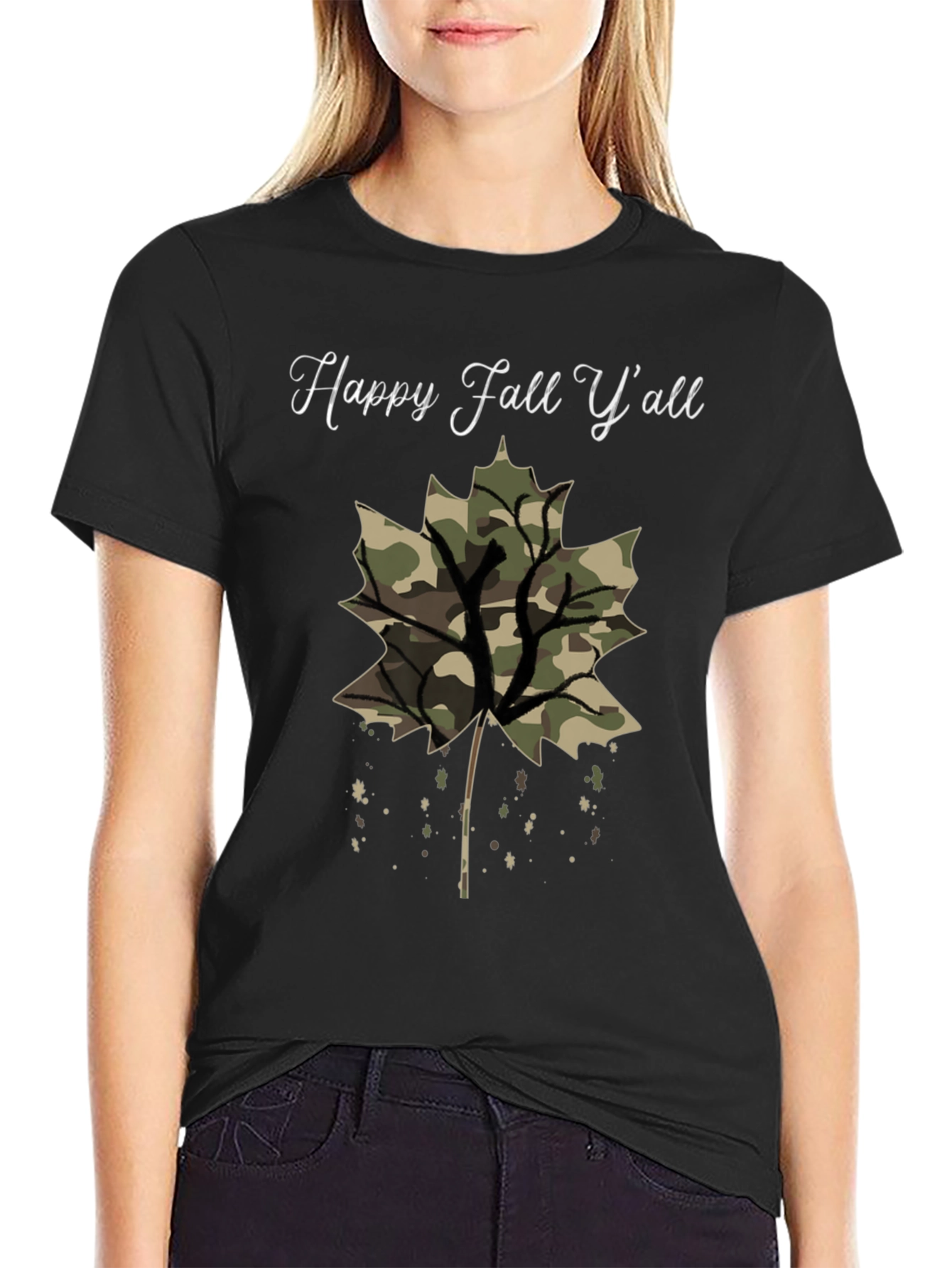 Black Happy Fall Y'all Camo Leaf T-Shirt view 2