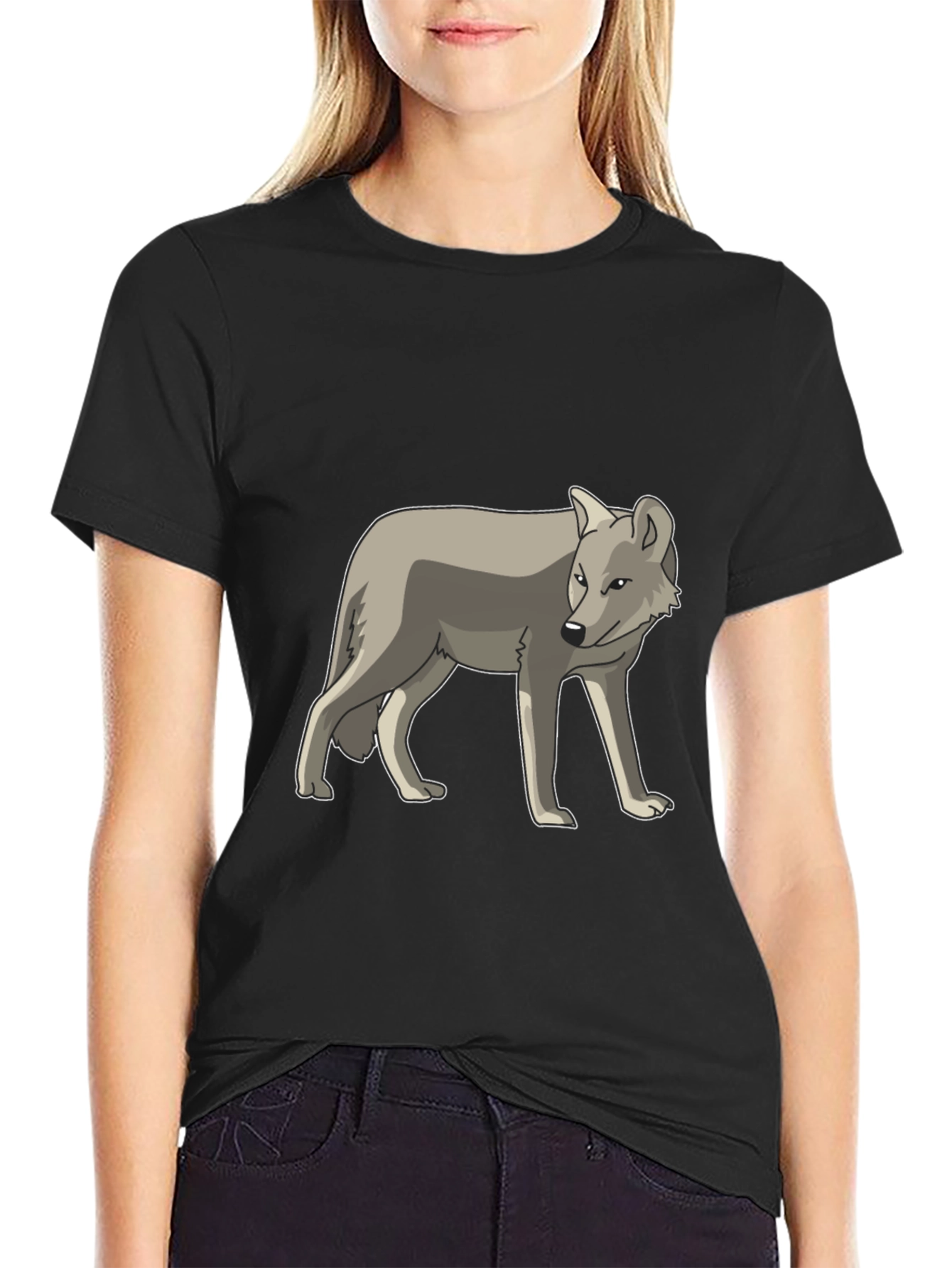 Black Cool Gray Wolf Graphic Black T-Shirt view 2