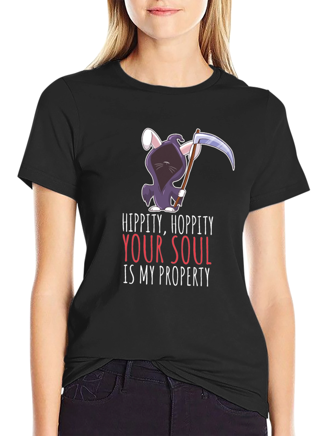 Black Hippity Hoppity Your Soul Grim Reaper Bunny T-Shirt view 2