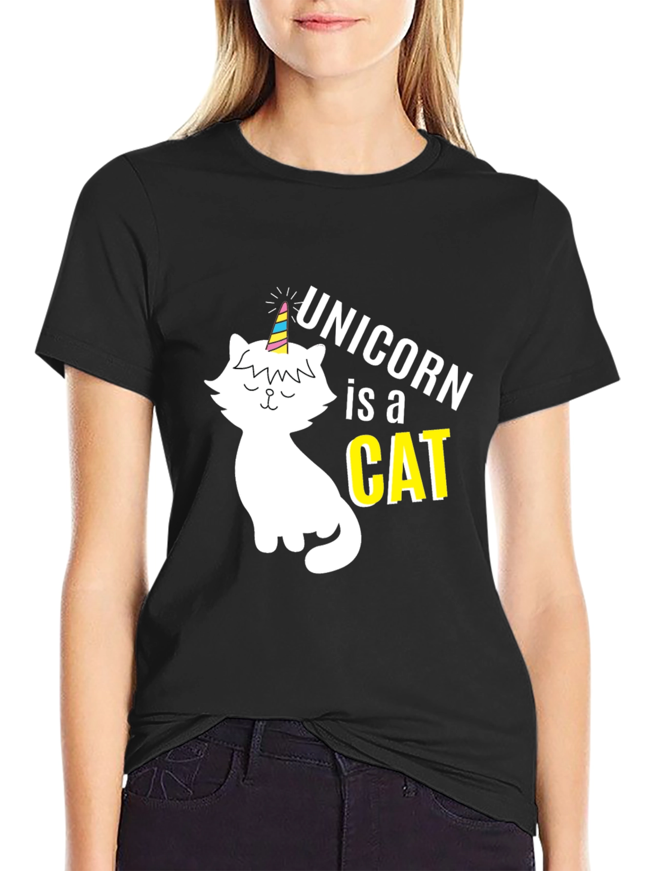 Black Unicorn Cat Graphic T-Shirt - Men's Black Tee view 2