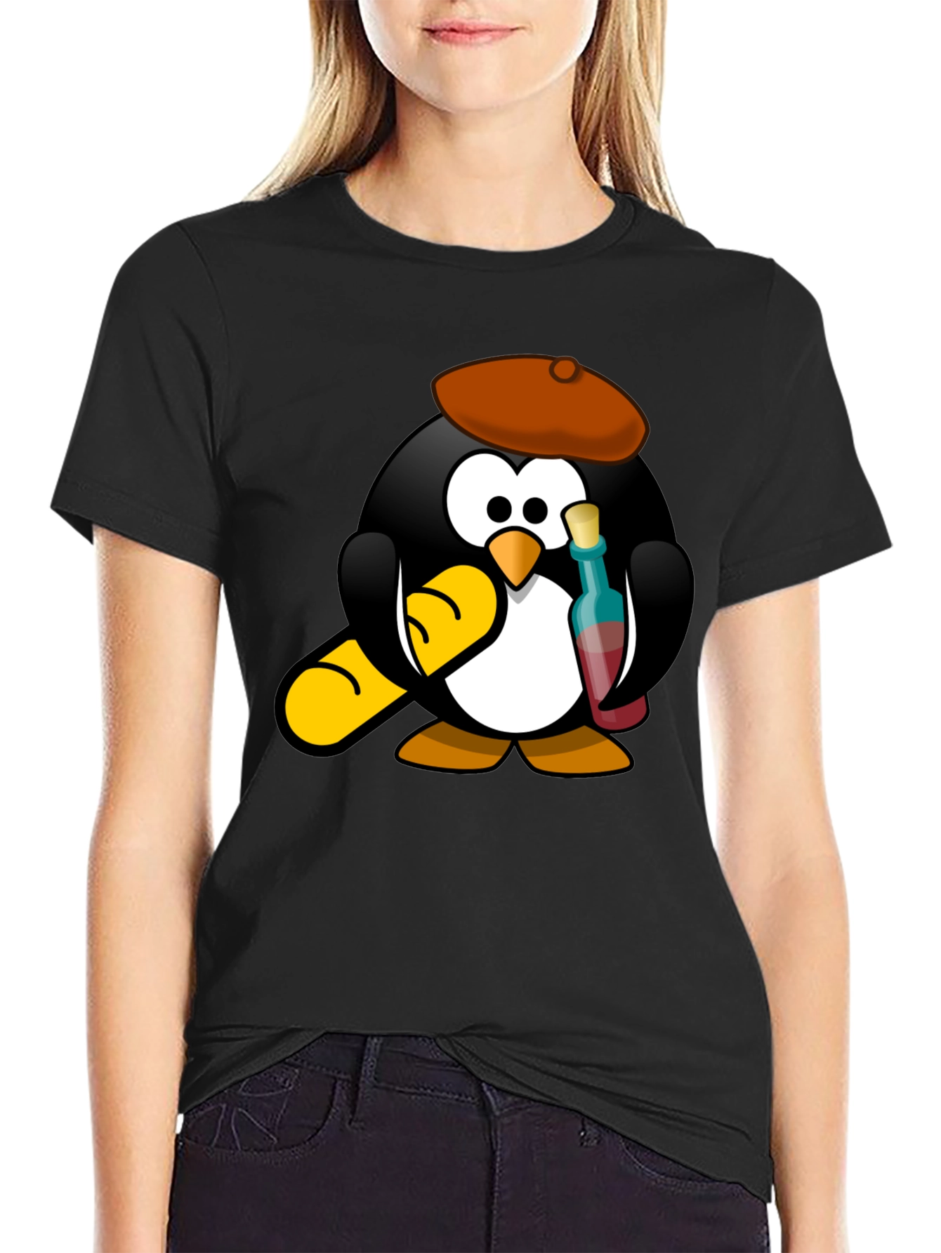 Black Wine Lover Penguin Black T-Shirt view 2