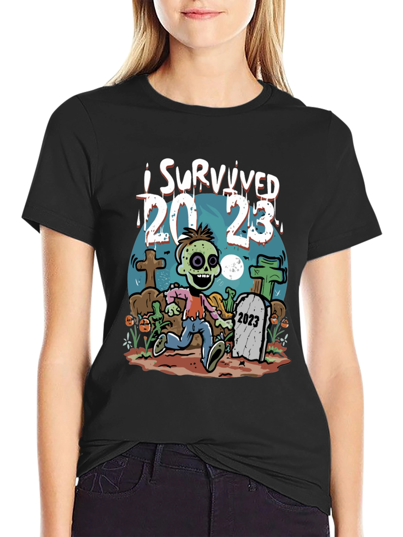 Black I Survived 2023 Zombie T-Shirt view 2