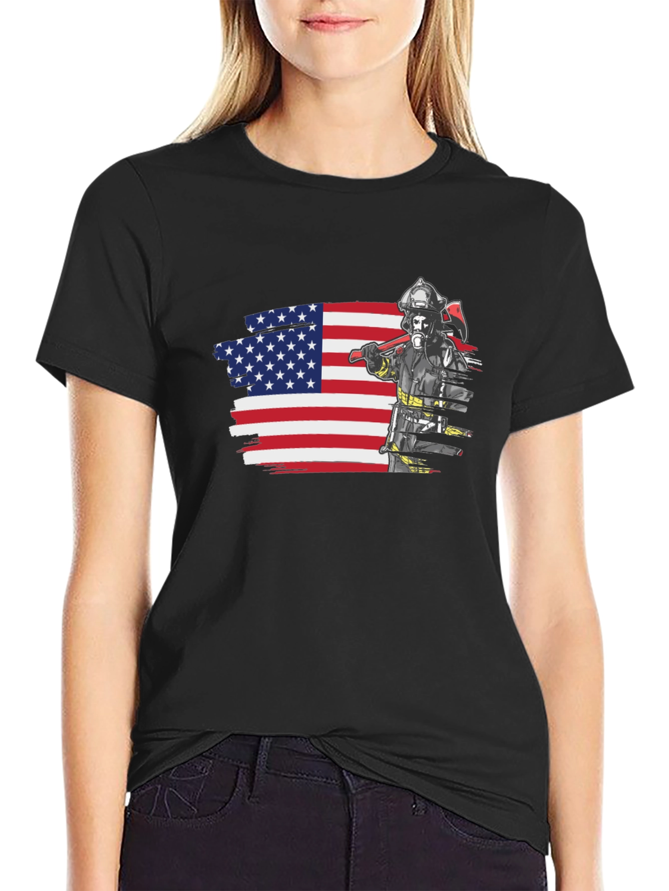 Black Firefighter USA Flag Graphic Tee view 2