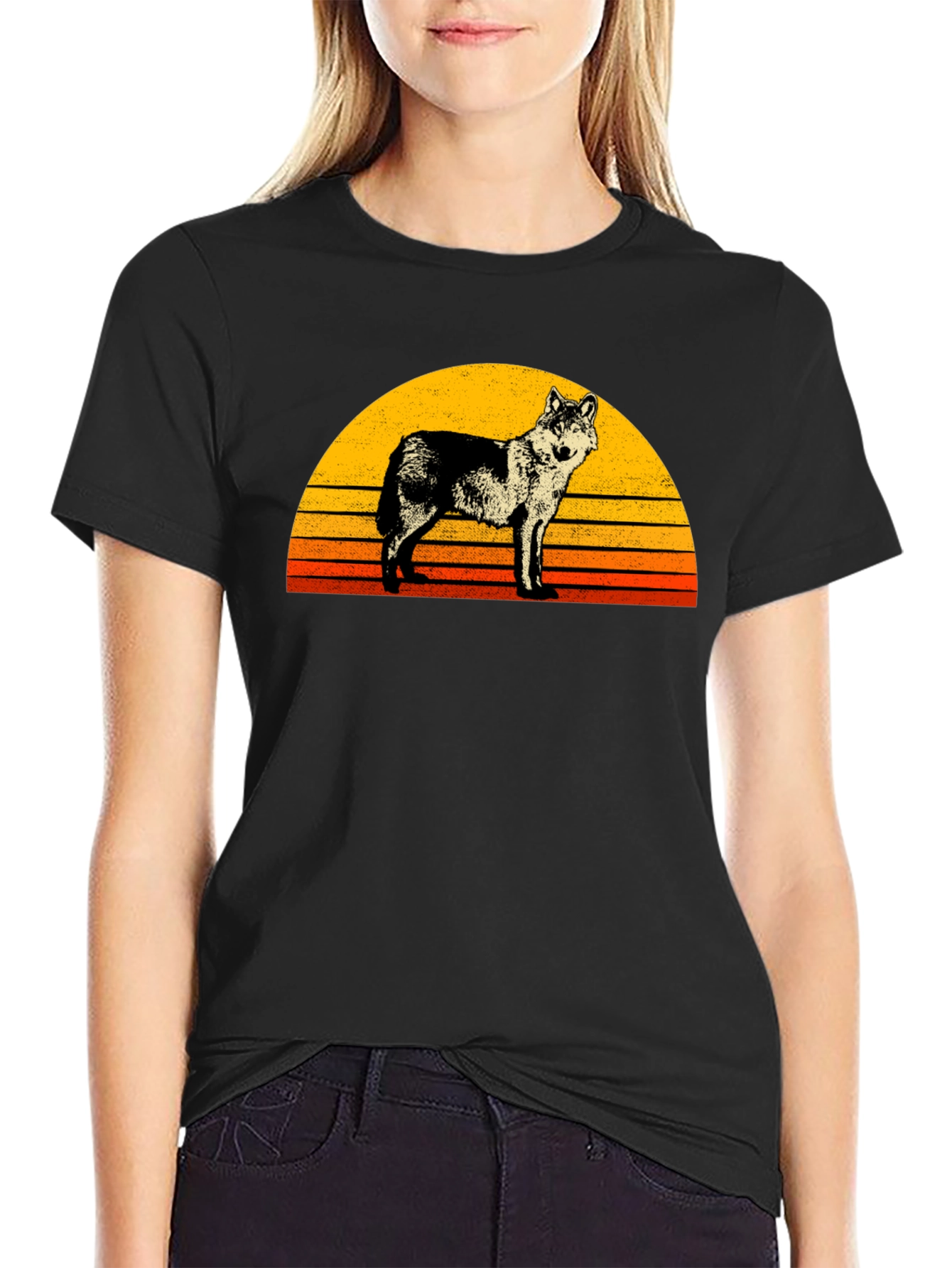 Black Retro Wolf Sunset Graphic Tee - Black view 2