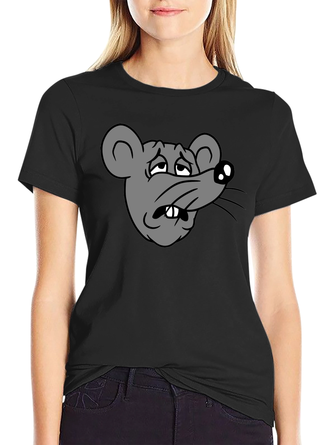 Black Funny Sad Rat Cartoon Graphic Black T-Shirt view 2