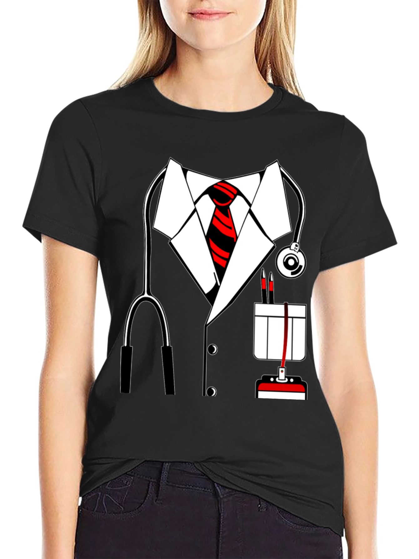 Black Doctor Costume T-Shirt - Funny Medical Dress Up view 2