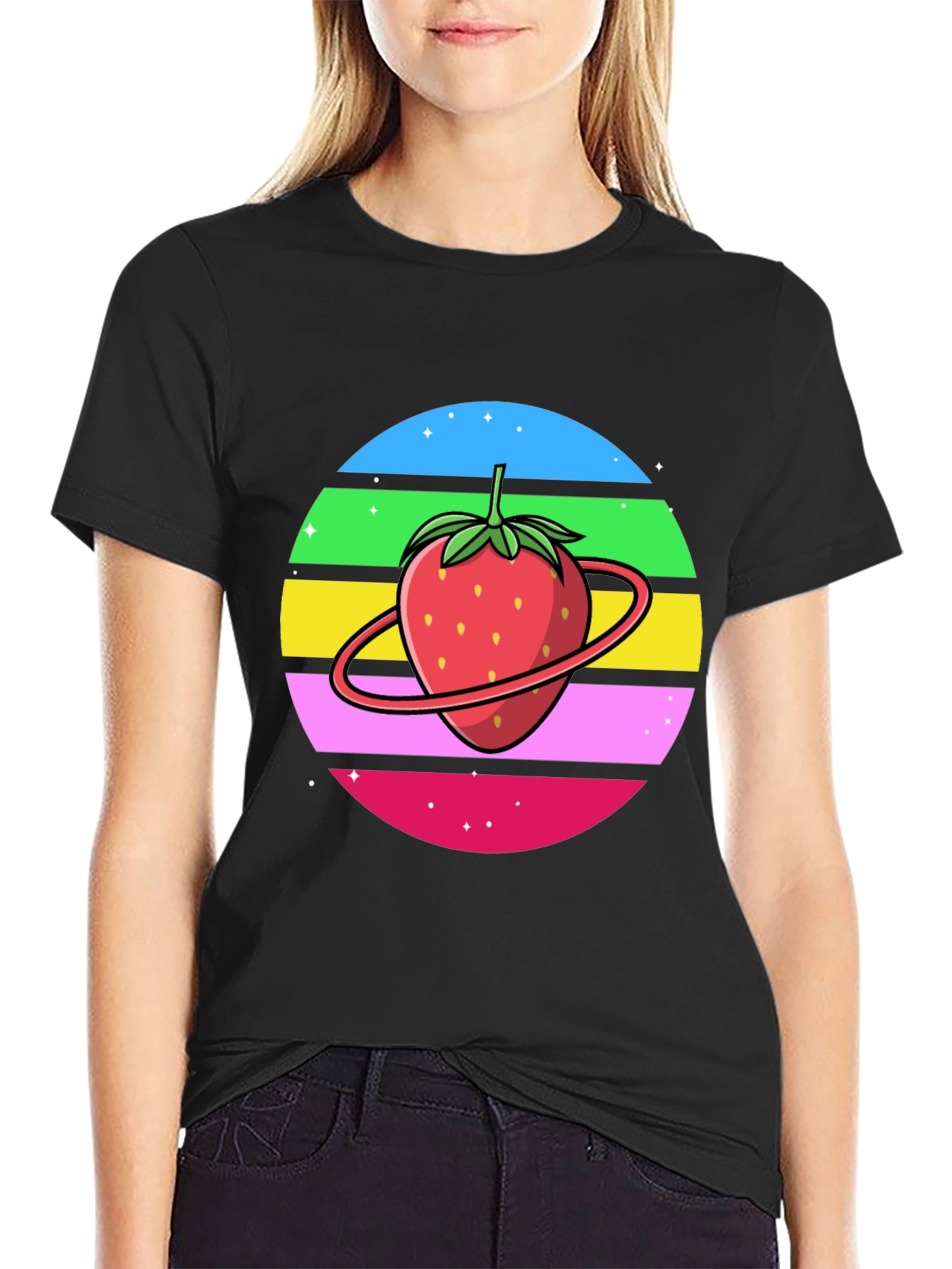Black Strawberry Planet Graphic Tee - Black Cotton Blend view 2